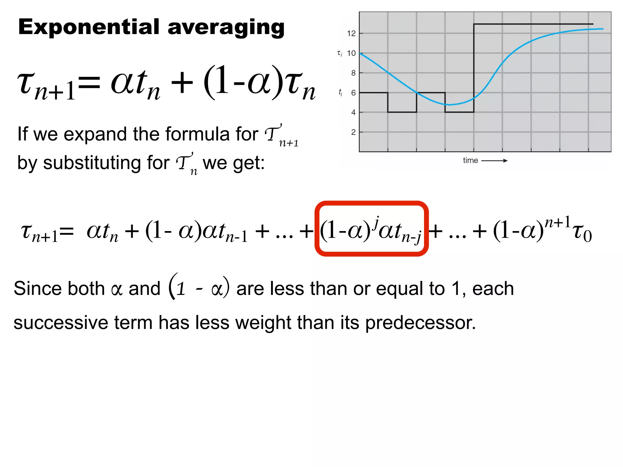Exponential averaging
If we expand the formula for Tn+1
by substituting for Tn we get:
Since both α and (1 - α) are less than or equal to 1, each
successive term has less weight than its predecessor.
 