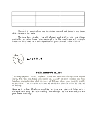The activity above allows you to explore yourself and think of the things
that changes as you grow.
Through this exercise, you will observe and analyze how you change
gradually from doing simple things to complex. In this module, you will be taught
about the patterns of life or the stages of development and its characteristics.
DEVELOPMENTAL STAGES
The many physical, sexual, cognitive, social, and emotional changes that happen
during this time can bring anticipation and anxiety for both children and their
families. Understanding what to expect at different stages can promote healthy
development. From the moment we are born until the moment we die we continue
to develop.
Some aspects of our life change very little over time, are consistent. Other aspects
change dramatically. By understanding these changes, we can better respond and
plan ahead effectively.
What is It
 