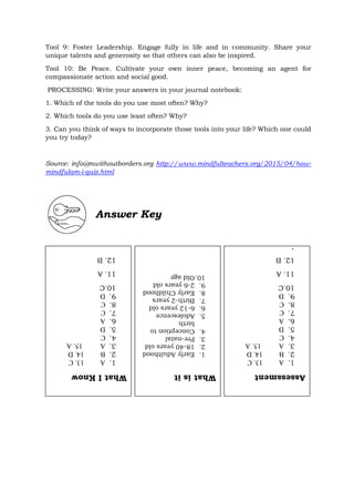 Tool 9: Foster Leadership. Engage fully in life and in community. Share your
unique talents and generosity so that others can also be inspired.
Tool 10: Be Peace. Cultivate your own inner peace, becoming an agent for
compassionate action and social good.
PROCESSING: Write your answers in your journal notebook:
1. Which of the tools do you use most often? Why?
2. Which tools do you use least often? Why?
3. Can you think of ways to incorporate those tools into your life? Which one could
you try today?
Source: info@mwithoutborders.org http://www.mindfulteachers.org/2015/04/how-
mindfulam-i-quiz.html
Answer Key
What
I
Know
1.
A
13.
C
2.
B
14.
D
3.
A
15.
A
4.
C
5.
D
6.
A
7.
C
8.
C
9.
D
10.C
11.
A
12.
B
What
is
it
1.
Early
Adulthood
2.
18-40
years
old
3.
Pre-natal
4.
Conception
to
birth
5.
Adolescence
6.
6-12
years
old
7.
Birth-2
years
8.
Early
Childhood
9.
2-6
years
old
10.Old
age
Assessment
1.
A
13.
C
2.
B
14.
D
3.
A
15.
A
4.
C
5.
D
6.
A
7.
C
8.
C
9.
D
10.C
11.
A
12.
B
1.
 