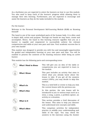 As a facilitator you are expected to orient the learners on how to use this module.
You also need to keep track of the learners' progress while allowing them to
manage their own learning. Furthermore, you are expected to encourage and
assist the learners as they do the tasks included in the module.
For the learner:
Welcome to the Personal Development Self-Learning Module (SLM) on Knowing
Oneself!
The hand is one of the most symbolized parts of the human body. It is often used
to depict skill, action and purpose. Through our hands we may learn, create and
accomplish. Hence, the hand in this learning resource signifies that you as a
learner is capable and empowered to successfully achieve the relevant
competencies and skills at your own pace and time. Your academic success lies in
your own hands!
This module was designed to provide you with fun and meaningful opportunities
for guided and independent learning at your own pace and time. You will be
enabled to process the contents of the learning resource while being an active
learner.
This module has the following parts and corresponding icons:
What I Need to Know This will give you an idea of the skills or
competencies you are expected to learn in
the module.
What I Know This part includes an activity that aims to
check what you already know about the
lesson to take. If you get all the answers
correct (100%), you may decide to skip this
module.
What’s In This is a brief drill or review to help you link
the current lesson with the previous one.
What’s New In this portion, the new lesson will be
introduced to you in various ways such as a
story, a song, a poem, a problem opener, an
activity or a situation.
What is It This section provides a brief discussion of
the lesson. This aims to help you discover
and understand new concepts and skills.
What’s More This comprises activities for independent
practice to solidify your understanding and
skills of the topic. You may check the
answers to the exercises using the Answer
 