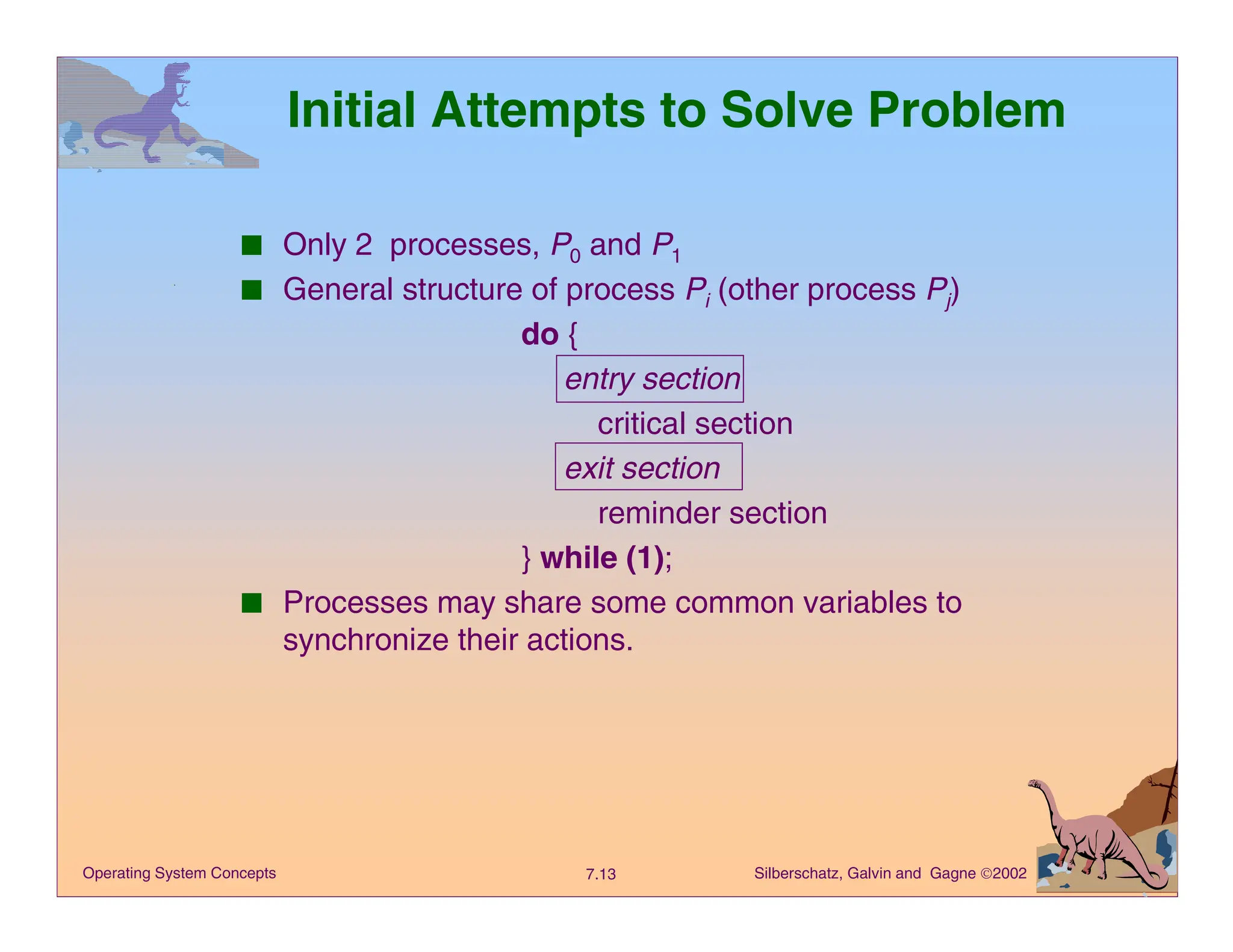 Silberschatz, Galvin and Gagne 2002
7.13
Operating System Concepts
Initial Attempts to Solve Problem
■ Only 2 processes, P0 and P1
■ General structure of process Pi (other process Pj)
do {
entry section
critical section
exit section
reminder section
} while (1);
■ Processes may share some common variables to
synchronize their actions.
 