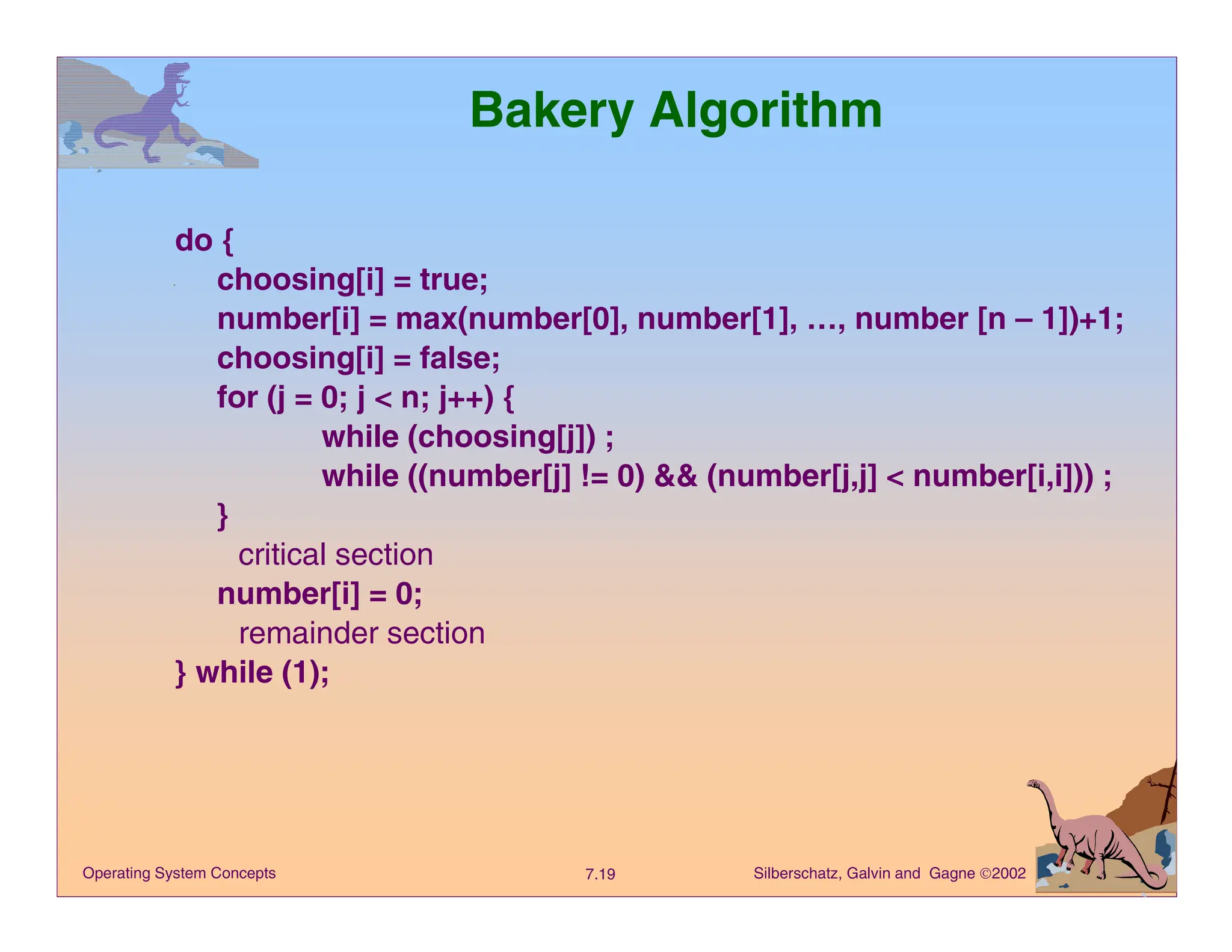 Silberschatz, Galvin and Gagne 2002
7.19
Operating System Concepts
Bakery Algorithm
do {
choosing[i] = true;
number[i] = max(number[0], number[1], …, number [n – 1])+1;
choosing[i] = false;
for (j = 0; j < n; j++) {
while (choosing[j]) ;
while ((number[j] != 0) && (number[j,j] < number[i,i])) ;
}
critical section
number[i] = 0;
remainder section
} while (1);
 