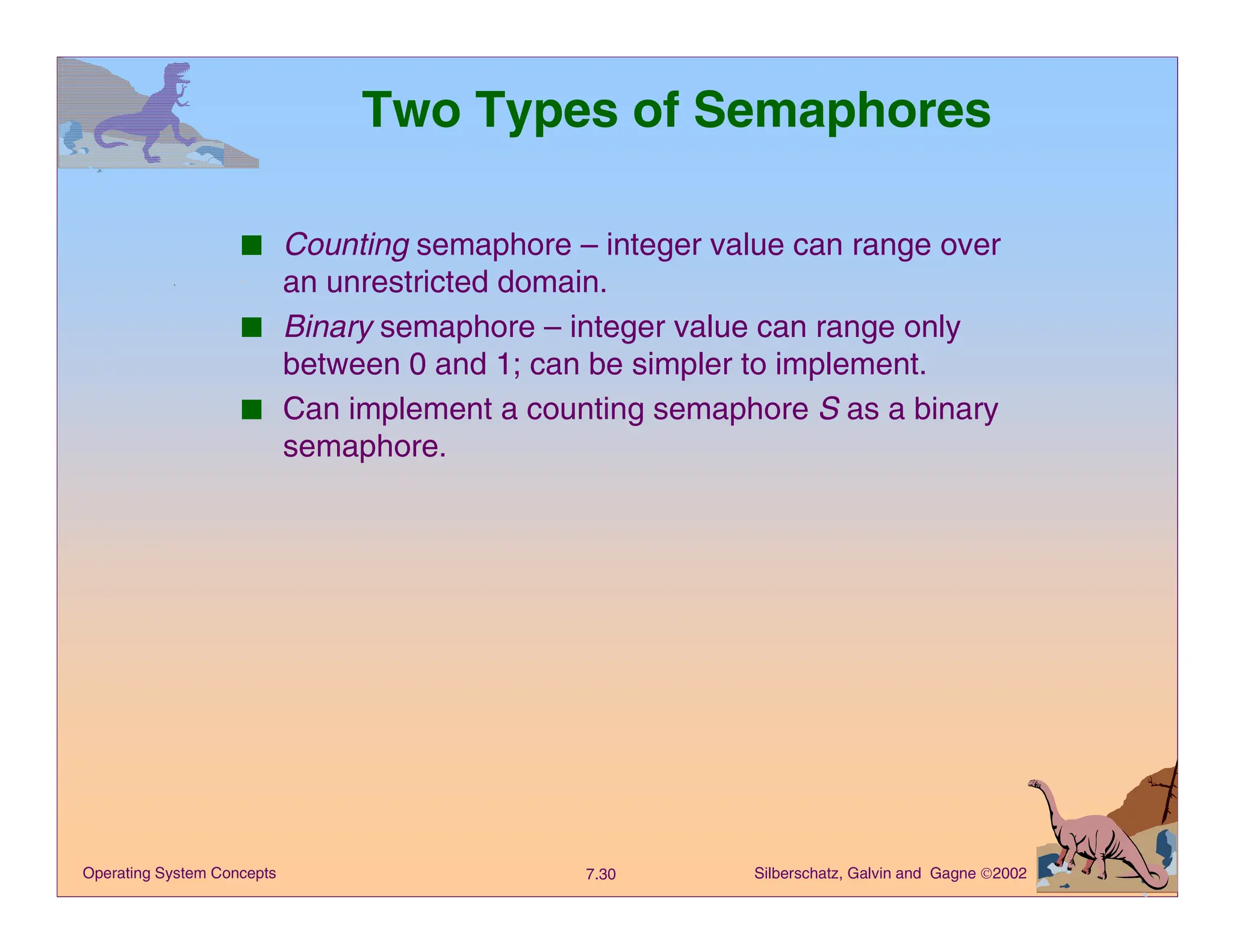 Silberschatz, Galvin and Gagne 2002
7.30
Operating System Concepts
Two Types of Semaphores
■ Counting semaphore – integer value can range over
an unrestricted domain.
■ Binary semaphore – integer value can range only
between 0 and 1; can be simpler to implement.
■ Can implement a counting semaphore S as a binary
semaphore.
 