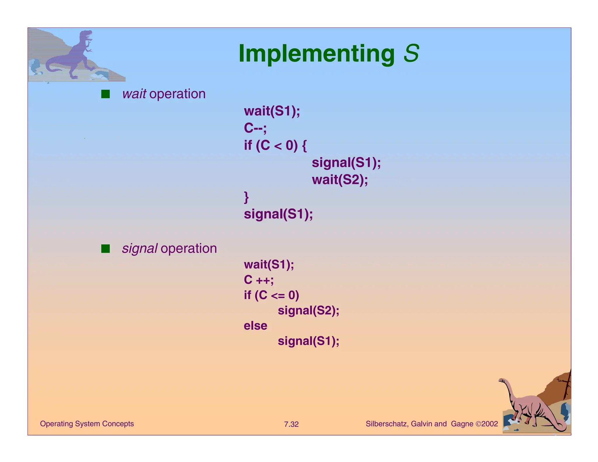 Silberschatz, Galvin and Gagne 2002
7.32
Operating System Concepts
Implementing S
■ wait operation
wait(S1);
C--;
if (C < 0) {
signal(S1);
wait(S2);
}
signal(S1);
■ signal operation
wait(S1);
C ++;
if (C <= 0)
signal(S2);
else
signal(S1);
 