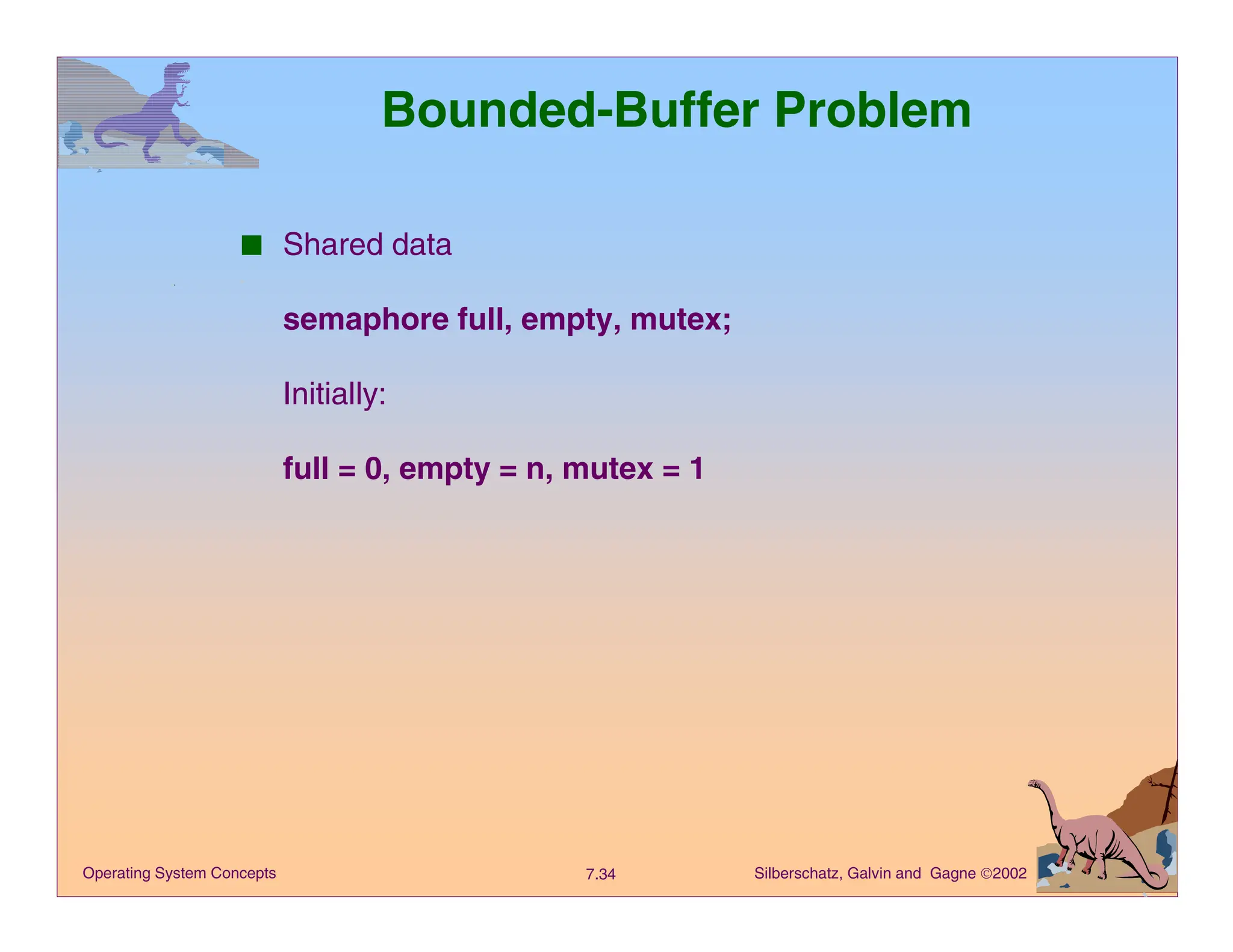 Silberschatz, Galvin and Gagne 2002
7.34
Operating System Concepts
Bounded-Buffer Problem
■ Shared data
semaphore full, empty, mutex;
Initially:
full = 0, empty = n, mutex = 1
 