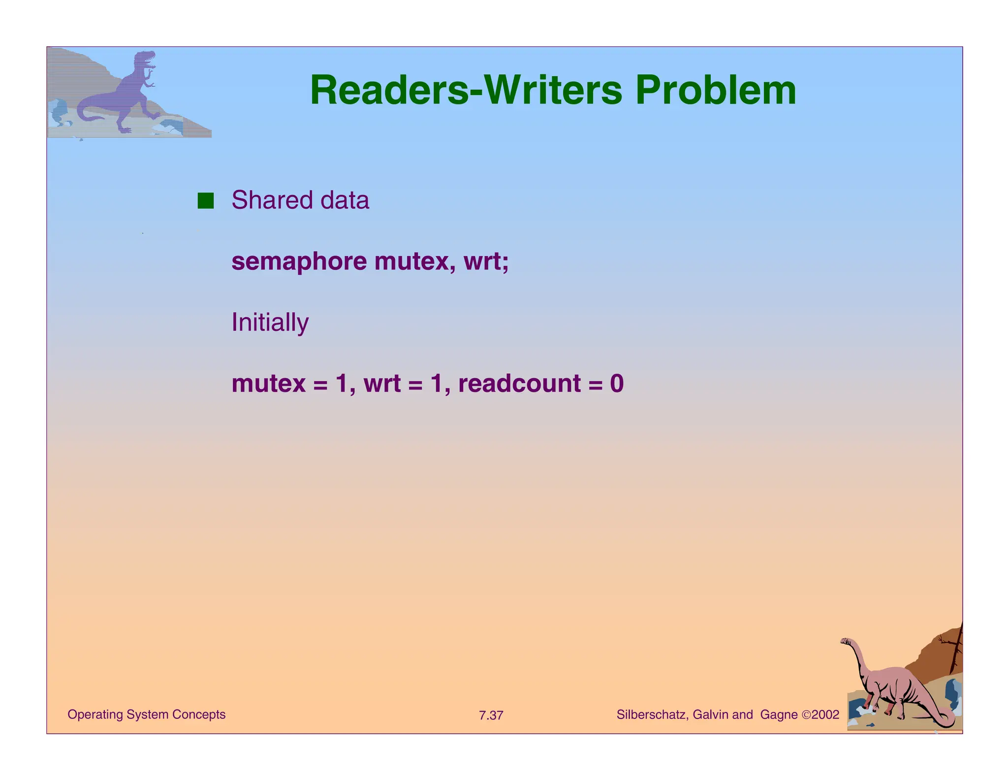 Silberschatz, Galvin and Gagne 2002
7.37
Operating System Concepts
Readers-Writers Problem
■ Shared data
semaphore mutex, wrt;
Initially
mutex = 1, wrt = 1, readcount = 0
 