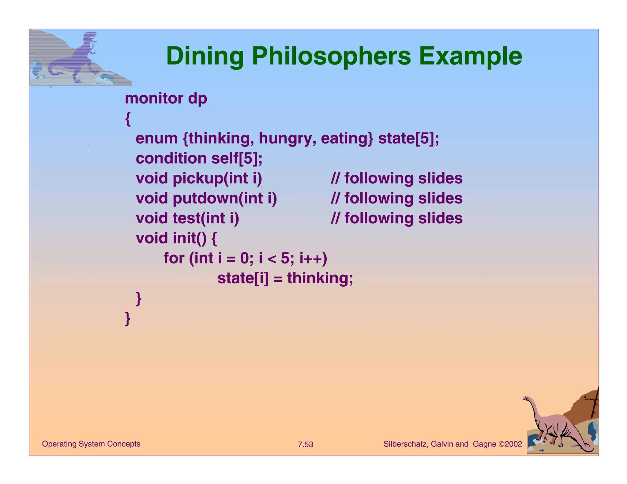 Silberschatz, Galvin and Gagne 2002
7.53
Operating System Concepts
Dining Philosophers Example
monitor dp
{
enum {thinking, hungry, eating} state[5];
condition self[5];
void pickup(int i) // following slides
void putdown(int i) // following slides
void test(int i) // following slides
void init() {
for (int i = 0; i < 5; i++)
state[i] = thinking;
}
}
 