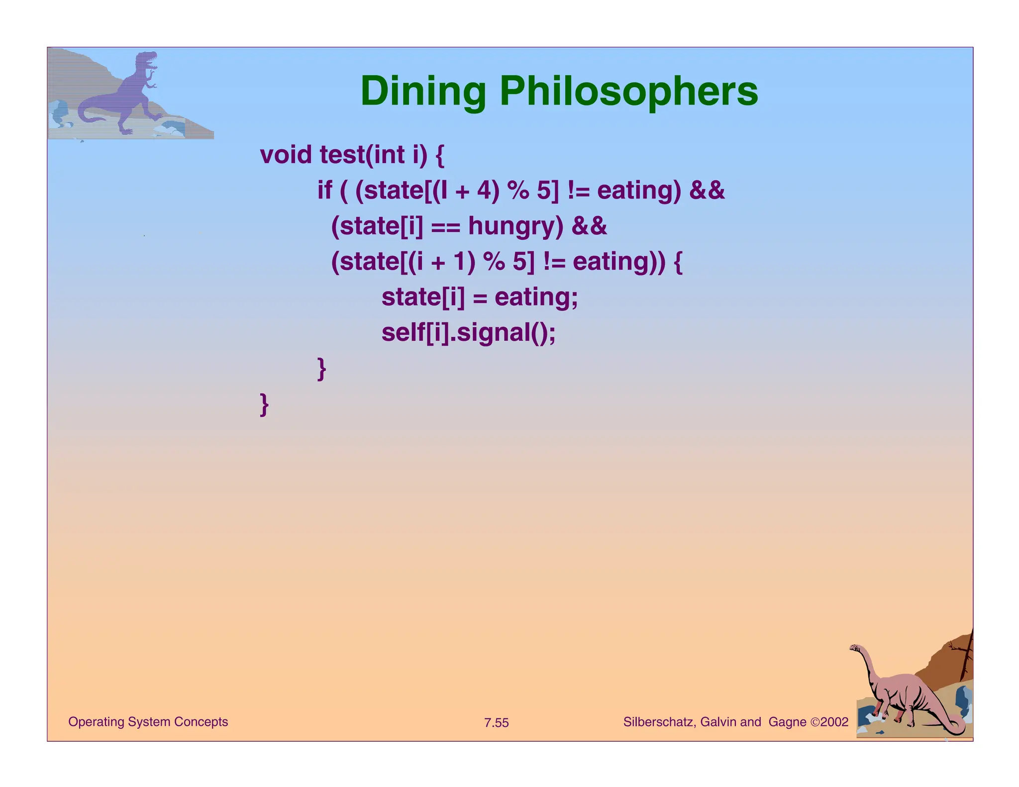 Silberschatz, Galvin and Gagne 2002
7.55
Operating System Concepts
Dining Philosophers
void test(int i) {
if ( (state[(I + 4) % 5] != eating) &&
(state[i] == hungry) &&
(state[(i + 1) % 5] != eating)) {
state[i] = eating;
self[i].signal();
}
}
 