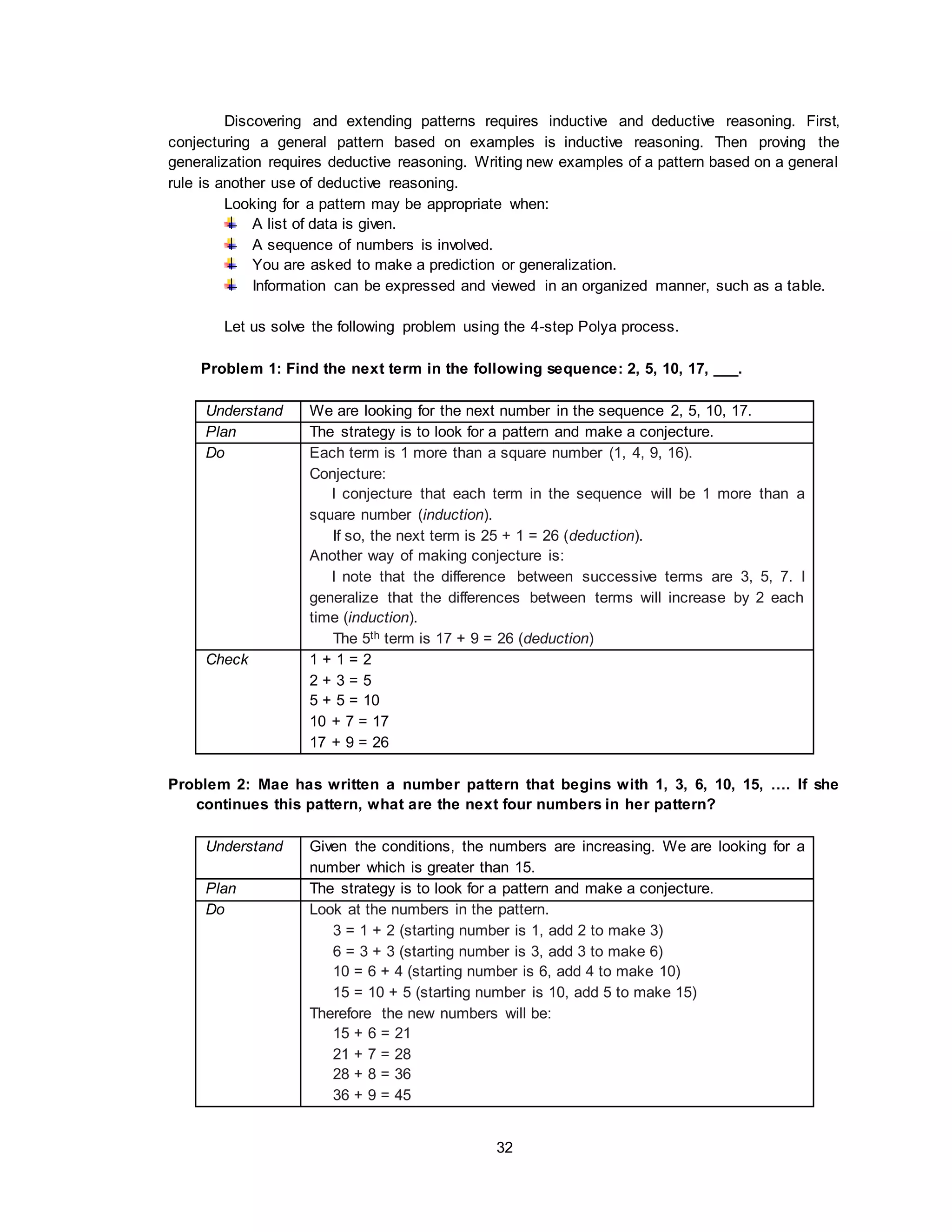 32
Discovering and extending patterns requires inductive and deductive reasoning. First,
conjecturing a general pattern based on examples is inductive reasoning. Then proving the
generalization requires deductive reasoning. Writing new examples of a pattern based on a general
rule is another use of deductive reasoning.
Looking for a pattern may be appropriate when:
A list of data is given.
A sequence of numbers is involved.
You are asked to make a prediction or generalization.
Information can be expressed and viewed in an organized manner, such as a table.
Let us solve the following problem using the 4-step Polya process.
Problem 1: Find the next term in the following sequence: 2, 5, 10, 17, ___.
Understand We are looking for the next number in the sequence 2, 5, 10, 17.
Plan The strategy is to look for a pattern and make a conjecture.
Do Each term is 1 more than a square number (1, 4, 9, 16).
Conjecture:
I conjecture that each term in the sequence will be 1 more than a
square number (induction).
If so, the next term is 25 + 1 = 26 (deduction).
Another way of making conjecture is:
I note that the difference between successive terms are 3, 5, 7. I
generalize that the differences between terms will increase by 2 each
time (induction).
The 5th term is 17 + 9 = 26 (deduction)
Check 1 + 1 = 2
2 + 3 = 5
5 + 5 = 10
10 + 7 = 17
17 + 9 = 26
Problem 2: Mae has written a number pattern that begins with 1, 3, 6, 10, 15, …. If she
continues this pattern, what are the next four numbers in her pattern?
Understand Given the conditions, the numbers are increasing. We are looking for a
number which is greater than 15.
Plan The strategy is to look for a pattern and make a conjecture.
Do Look at the numbers in the pattern.
3 = 1 + 2 (starting number is 1, add 2 to make 3)
6 = 3 + 3 (starting number is 3, add 3 to make 6)
10 = 6 + 4 (starting number is 6, add 4 to make 10)
15 = 10 + 5 (starting number is 10, add 5 to make 15)
Therefore the new numbers will be:
15 + 6 = 21
21 + 7 = 28
28 + 8 = 36
36 + 9 = 45
 