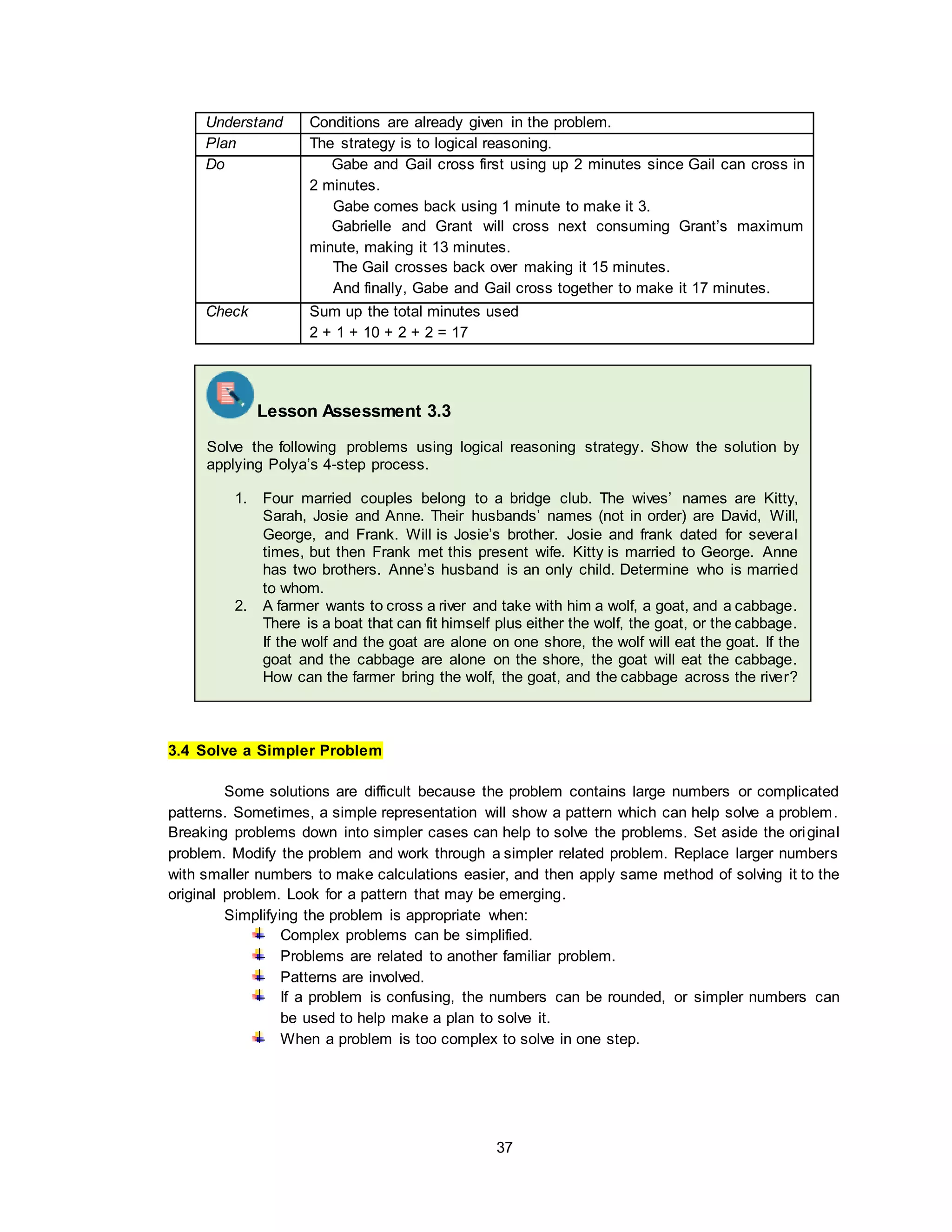 37
Understand Conditions are already given in the problem.
Plan The strategy is to logical reasoning.
Do Gabe and Gail cross first using up 2 minutes since Gail can cross in
2 minutes.
Gabe comes back using 1 minute to make it 3.
Gabrielle and Grant will cross next consuming Grant’s maximum
minute, making it 13 minutes.
The Gail crosses back over making it 15 minutes.
And finally, Gabe and Gail cross together to make it 17 minutes.
Check Sum up the total minutes used
2 + 1 + 10 + 2 + 2 = 17
3.4 Solve a Simpler Problem
Some solutions are difficult because the problem contains large numbers or complicated
patterns. Sometimes, a simple representation will show a pattern which can help solve a problem.
Breaking problems down into simpler cases can help to solve the problems. Set aside the original
problem. Modify the problem and work through a simpler related problem. Replace larger numbers
with smaller numbers to make calculations easier, and then apply same method of solving it to the
original problem. Look for a pattern that may be emerging.
Simplifying the problem is appropriate when:
Complex problems can be simplified.
Problems are related to another familiar problem.
Patterns are involved.
If a problem is confusing, the numbers can be rounded, or simpler numbers can
be used to help make a plan to solve it.
When a problem is too complex to solve in one step.
Lesson Assessment 3.3
Solve the following problems using logical reasoning strategy. Show the solution by
applying Polya’s 4-step process.
1. Four married couples belong to a bridge club. The wives’ names are Kitty,
Sarah, Josie and Anne. Their husbands’ names (not in order) are David, Will,
George, and Frank. Will is Josie’s brother. Josie and frank dated for several
times, but then Frank met this present wife. Kitty is married to George. Anne
has two brothers. Anne’s husband is an only child. Determine who is married
to whom.
2. A farmer wants to cross a river and take with him a wolf, a goat, and a cabbage.
There is a boat that can fit himself plus either the wolf, the goat, or the cabbage.
If the wolf and the goat are alone on one shore, the wolf will eat the goat. If the
goat and the cabbage are alone on the shore, the goat will eat the cabbage.
How can the farmer bring the wolf, the goat, and the cabbage across the river?
 
