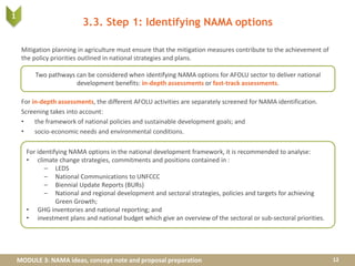 MODULE 3: NAMA ideas, concept note and proposal preparation
3.3. Step 1: Identifying NAMA options
Mitigation planning in agriculture must ensure that the mitigation measures contribute to the achievement of
the policy priorities outlined in national strategies and plans.
For in-depth assessments, the different AFOLU activities are separately screened for NAMA identification.
Screening takes into account:
• the framework of national policies and sustainable development goals; and
• socio-economic needs and environmental conditions.
12
Two pathways can be considered when identifying NAMA options for AFOLU sector to deliver national
development benefits: in-depth assessments or fast-track assessments.
For identifying NAMA options in the national development framework, it is recommended to analyse:
• climate change strategies, commitments and positions contained in :
– LEDS
– National Communications to UNFCCC
– Biennial Update Reports (BURs)
– National and regional development and sectoral strategies, policies and targets for achieving
Green Growth;
• GHG inventories and national reporting; and
• investment plans and national budget which give an overview of the sectoral or sub-sectoral priorities.
1
 