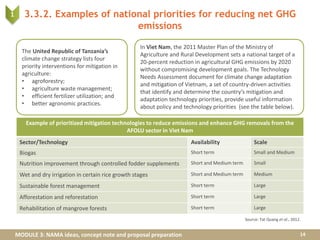 MODULE 3: NAMA ideas, concept note and proposal preparation
In Viet Nam, the 2011 Master Plan of the Ministry of
Agriculture and Rural Development sets a national target of a
20-percent reduction in agricultural GHG emissions by 2020
without compromising development goals. The Technology
Needs Assessment document for climate change adaptation
and mitigation of Vietnam, a set of country-driven activities
that identify and determine the country’s mitigation and
adaptation technology priorities, provide useful information
about policy and technology priorities (see the table below).
3.3.2. Examples of national priorities for reducing net GHG
emissions
14
Example of prioritized mitigation technologies to reduce emissions and enhance GHG removals from the
AFOLU sector in Viet Nam
Sector/Technology Availability Scale
Biogas Short term Small and Medium
Nutrition improvement through controlled fodder supplements Short and Medium term Small
Wet and dry irrigation in certain rice growth stages Short and Medium term Medium
Sustainable forest management Short term Large
Afforestation and reforestation Short term Large
Rehabilitation of mangrove forests Short term Large
Source: Tat Quang et al., 2012.
The United Republic of Tanzania’s
climate change strategy lists four
priority interventions for mitigation in
agriculture:
• agroforestry;
• agriculture waste management;
• efficient fertilizer utilization; and
• better agronomic practices.
1
 