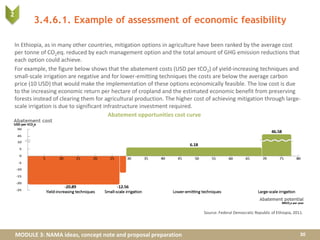 MODULE 3: NAMA ideas, concept note and proposal preparation
3.4.6.1. Example of assessment of economic feasibility
In Ethiopia, as in many other countries, mitigation options in agriculture have been ranked by the average cost
per tonne of CO2eq. reduced by each management option and the total amount of GHG emission reductions that
each option could achieve.
For example, the figure below shows that the abatement costs (USD per tCO2) of yield-increasing techniques and
small-scale irrigation are negative and for lower-emitting techniques the costs are below the average carbon
price (10 USD) that would make the implementation of these options economically feasible. The low cost is due
to the increasing economic return per hectare of cropland and the estimated economic benefit from preserving
forests instead of clearing them for agricultural production. The higher cost of achieving mitigation through large-
scale irrigation is due to significant infrastructure investment required.
30
Source: Federal Democratic Republic of Ethiopia, 2011.
Abatement opportunities cost curve
2
 