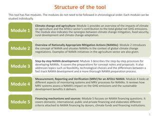 Structure of the tool
5
This tool has five modules. The modules do not need to be followed in chronological order. Each module can be
studied individually.
•Climate change and agriculture: Module 1 provides an overview of the impacts of climate
on agriculture and the AFOLU sector’s contribution to the total global net GHG emissions.
The module also indicates the synergies between climate change mitigation, food security,
rural development and climate change adaptation.
Module 1
•Overview of Nationally Appropriate Mitigation Actions (NAMAs): Module 2 introduces
the concept of NAMA and situates NAMAs in the context of global climate change
negotiations. Examples of NAMA initiatives in the agriculture sector are also given.
Module 2
•Step-by-step NAMA development: Module 3 describes the step-by-step processes for
developing NAMAs. It covers the preparations for concept notes and proposals. It also
addresses topics such as feasibility, technological choices and the differences between a
fast-track NAMA development and a more thorough NAMA preparation process.
Module 3
•Measurement, Reporting and Verification (MRV) for an AFOLU NAMA: Module 4 looks at
different aspects of monitoring systems and MRV processes for NAMAs. It reviews how
MRV systems assess a NAMA’s impact on the GHG emissions and the sustainable
development benefits it delivers.
Module 4
•Financing mechanisms and sources: Module 5 focuses on NAMA financing questions. It
covers domestic, international, public and private financing and elaborates different
criteria attached to NAMA financing by donors, climate funds and financing institutions.
Module 5
 