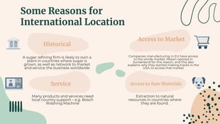 Some Reasons for
International Location
Historical
A sugar refining firm is likely to own a
plant in countries where sugar is
grown, as well as network to market
and service the business worldwide
Access to Market
Companies manufacturing in EU have access
to the whole market. Nissan opened in
Sunderland for this reason, and this also
explains why they started making tracks in the
USA, to access that market
Service
Many products and services need
local country support – e.g. Bosch
Washing Machine
Access to Raw Materials
Extraction to natural
resources in countries where
they are found.
 