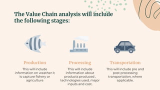 The Value Chain analysis will include
the following stages:
Production
This will include
information on weather it
is capture fishery or
agriculture
Processing
This will include
information about
products produced ,
technologies used, major
inputs and cost.
Transportation
This will include pre and
post processing
transportation, where
applicable.
 