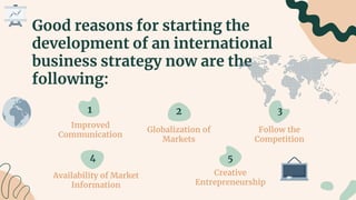 Good reasons for starting the
development of an international
business strategy now are the
following:
Availability of Market
Information
Creative
Entrepreneurship
Improved
Communication
Globalization of
Markets
Follow the
Competition
1 2 3
4 5
 