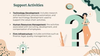 Support Activities
 Technology Development: includes research
and development, process automation, and
other technology development used to
support the value-chain activities.
 Human Resources Management: the activities
associated with recruiting, development, and
compensation of employees.
 Firm Infrastructure: includes activities such as
finance, legal, quality management, etc.
 