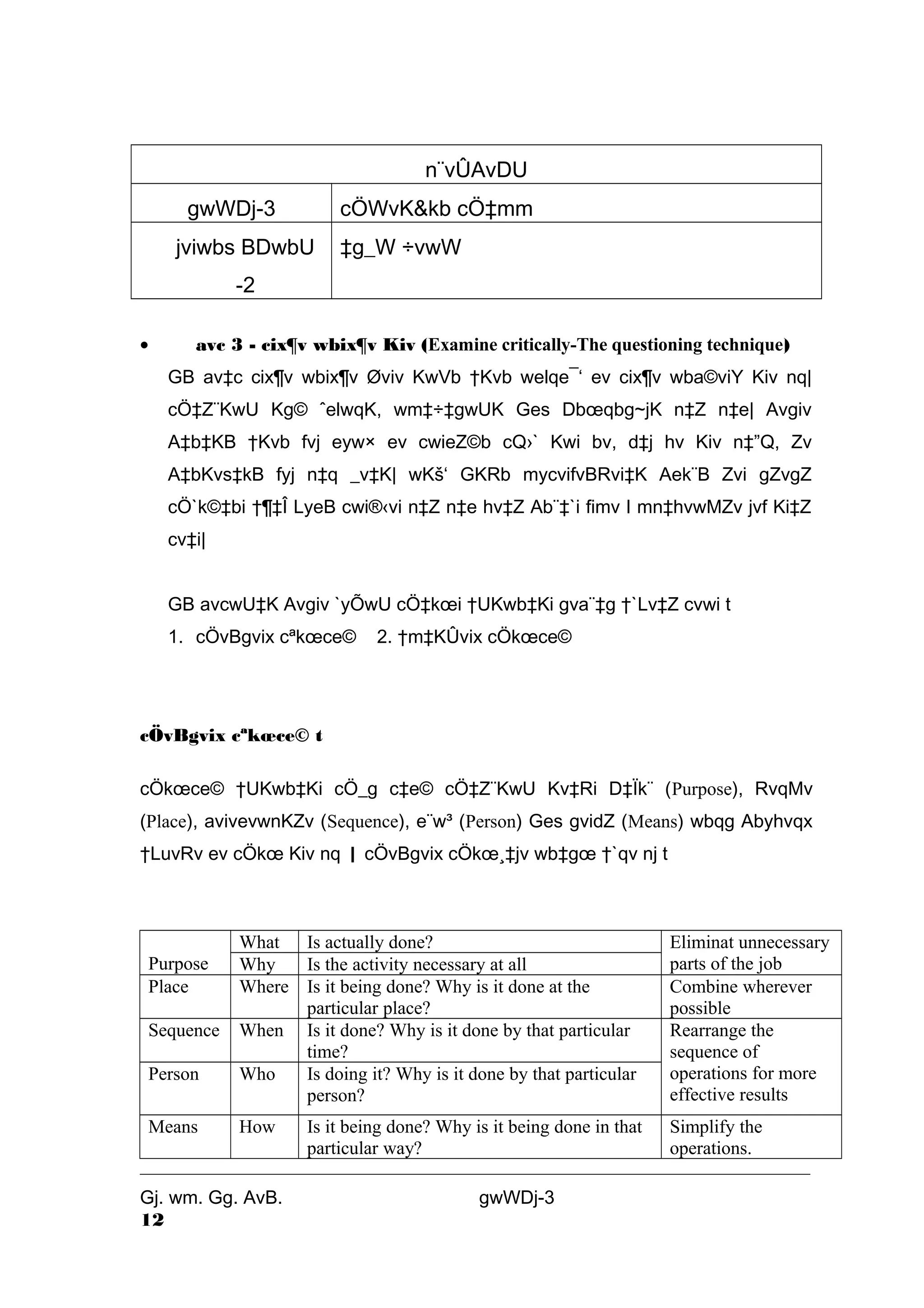 n¨vÛAvDU 
gwWDj-3 cÖWvK&kb cÖ‡mm 
jviwbs BDwbU 
-2 
‡g_W ÷vwW 
· avc 3 - cix¶v wbix¶v Kiv (Examine critically-The questioning technique) 
GB av‡c cix¶v wbix¶v Øviv KwVb †Kvb welqe¯‘ ev cix¶v wba©viY Kiv nq| 
cÖ‡Z¨KwU Kg© ˆelwqK, wm‡÷‡gwUK Ges Dboeqbg~jK n‡Z n‡e| Avgiv 
A‡b‡KB †Kvb fvj eyw× ev cwieZ©b cQ›` Kwi bv, d‡j hv Kiv n‡”Q, Zv 
A‡bKvs‡kB fyj n‡q _v‡K| wKš‘ GKRb mycvifvBRvi‡K Aek¨B Zvi gZvgZ 
cÖ`k©‡bi †¶‡Î LyeB cwi®‹vi n‡Z n‡e hv‡Z Ab¨‡`i fimv I mn‡hvwMZv jvf Ki‡Z 
cv‡i| 
GB avcwU‡K Avgiv `yÕwU cÖ‡koei †UKwb‡Ki gva¨‡g †`Lv‡Z cvwi t 
1. cÖvBgvix cªkoece© 2. †m‡KÛvix cÖkoece© 
cÖvBgvix cªkoece© t 
cÖkoece© †UKwb‡Ki cÖ_g c‡e© cÖ‡Z¨KwU Kv‡Ri D‡Ïk¨ (Purpose), RvqMv 
(Place), avivevwnKZv (Sequence), e¨w³ (Person) Ges gvidZ (Means) wbqg Abyhvqx 
†LuvRv ev cÖkoe Kiv nq | cÖvBgvix cÖkoe¸‡jv wb‡goe †`qv nj t 
Purpose 
What Is actually done? Eliminat unnecessary 
Why Is the activity necessary at all parts of the job 
Place Where Is it being done? Why is it done at the 
particular place? 
Combine wherever 
possible 
Sequence When Is it done? Why is it done by that particular 
time? 
Rearrange the 
sequence of 
operations for more 
effective results 
Person Who Is doing it? Why is it done by that particular 
person? 
Means How Is it being done? Why is it being done in that 
particular way? 
Simplify the 
operations. 
Gj. wm. Gg. AvB. gwWDj-3 
12 
 