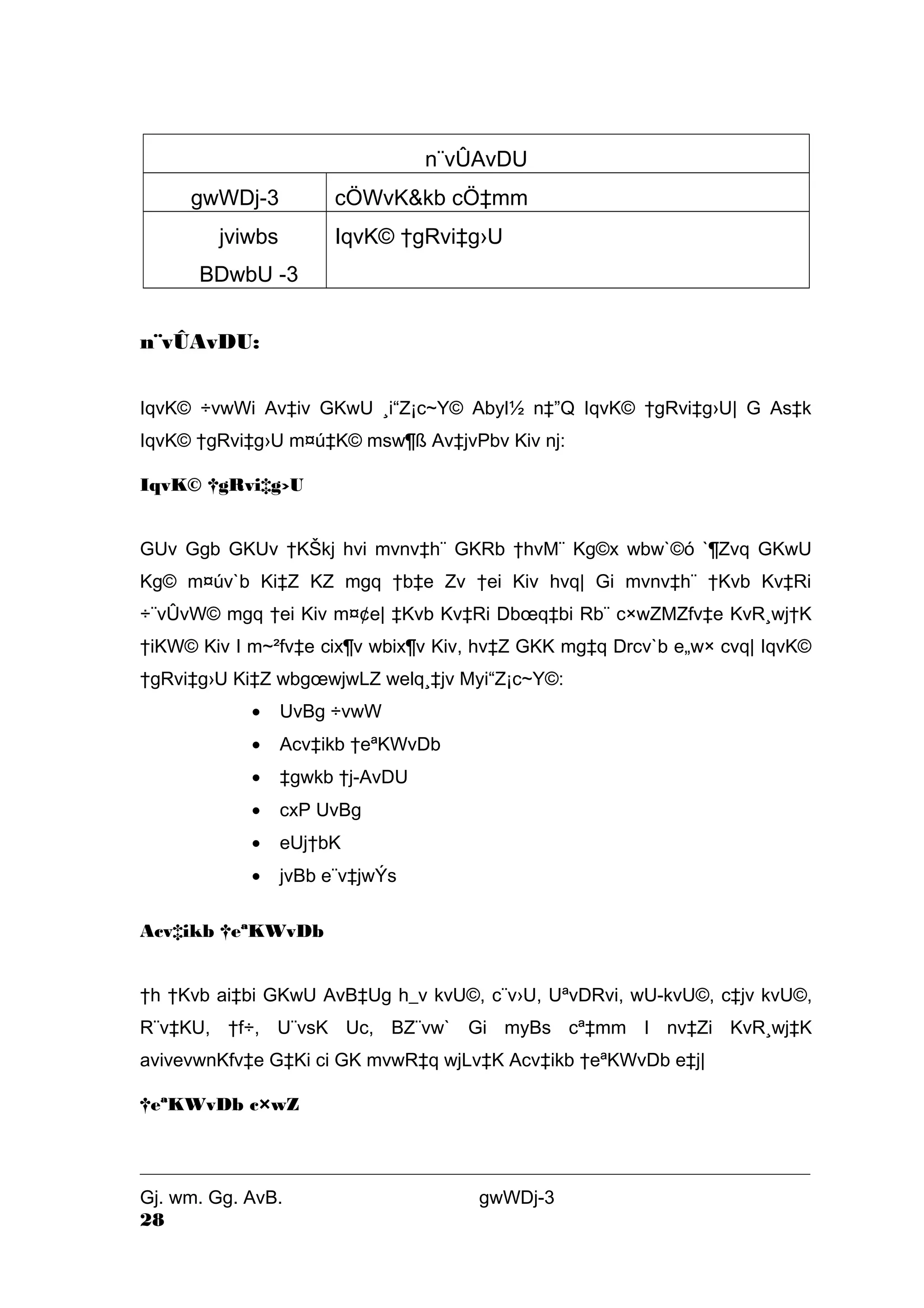 n¨vÛAvDU 
gwWDj-3 cÖWvK&kb cÖ‡mm 
jviwbs 
IqvK© †gRvi‡g›U 
BDwbU -3 
n¨vÛAvDU: 
IqvK© ÷vwWi Av‡iv GKwU ¸i“Z¡c~Y© Abyl½ n‡”Q IqvK© †gRvi‡g›U| G As‡k 
IqvK© †gRvi‡g›U m¤ú‡K© msw¶ß Av‡jvPbv Kiv nj: 
IqvK© †gRvi‡g›U 
GUv Ggb GKUv †KŠkj hvi mvnv‡h¨ GKRb †hvM¨ Kg©x wbw`©ó `¶Zvq GKwU 
Kg© m¤úv`b Ki‡Z KZ mgq †b‡e Zv †ei Kiv hvq| Gi mvnv‡h¨ †Kvb Kv‡Ri 
÷¨vÛvW© mgq †ei Kiv m¤¢e| ‡Kvb Kv‡Ri Dboeq‡bi Rb¨ c×wZMZfv‡e KvR¸wj†K 
†iKW© Kiv I m~²fv‡e cix¶v wbix¶v Kiv, hv‡Z GKK mg‡q Drcv`b e„w× cvq| IqvK© 
†gRvi‡g›U Ki‡Z wbgoewjwLZ welq¸‡jv Myi“Z¡c~Y©: 
· UvBg ÷vwW 
· Acv‡ikb †eªKWvDb 
· ‡gwkb †j-AvDU 
· cxP UvBg 
· eUj†bK 
· jvBb e¨v‡jwÝs 
Acv‡ikb †eªKWvDb 
†h †Kvb ai‡bi GKwU AvB‡Ug h_v kvU©, c¨v›U, UªvDRvi, wU-kvU©, c‡jv kvU©, 
R¨v‡KU, †f÷, U¨vsK Uc, BZ¨vw` Gi myBs cª‡mm I nv‡Zi KvR¸wj‡K 
avivevwnKfv‡e G‡Ki ci GK mvwR‡q wjLv‡K Acv‡ikb †eªKWvDb e‡j| 
†eªKWvDb c×wZ 
Gj. wm. Gg. AvB. gwWDj-3 
28 
 