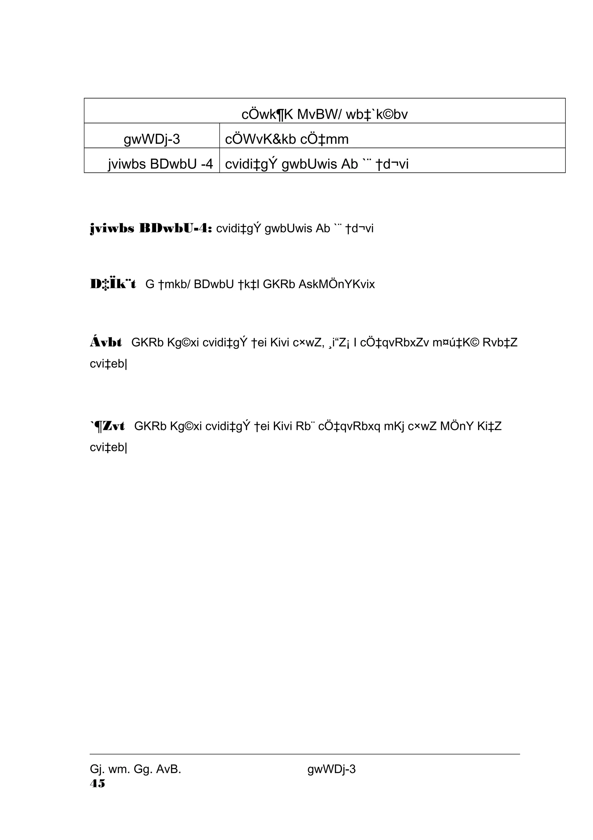 cÖwk¶K MvBW/ wb‡`k©bv 
gwWDj-3 cÖWvK&kb cÖ‡mm 
jviwbs BDwbU -4 cvidi‡gÝ gwbUwis Ab `¨ †d¬vi 
jviwbs BDwbU-4: cvidi‡gÝ gwbUwis Ab `¨ †d¬vi 
D‡Ïk¨t G †mkb/ BDwbU †k‡l GKRb AskMÖnYKvix 
Ávbt GKRb Kg©xi cvidi‡gÝ †ei Kivi c×wZ, ¸i“Z¡ I cÖ‡qvRbxZv m¤ú‡K© Rvb‡Z 
cvi‡eb| 
`¶Zvt GKRb Kg©xi cvidi‡gÝ †ei Kivi Rb¨ cÖ‡qvRbxq mKj c×wZ MÖnY Ki‡Z 
cvi‡eb| 
Gj. wm. Gg. AvB. gwWDj-3 
45 
 