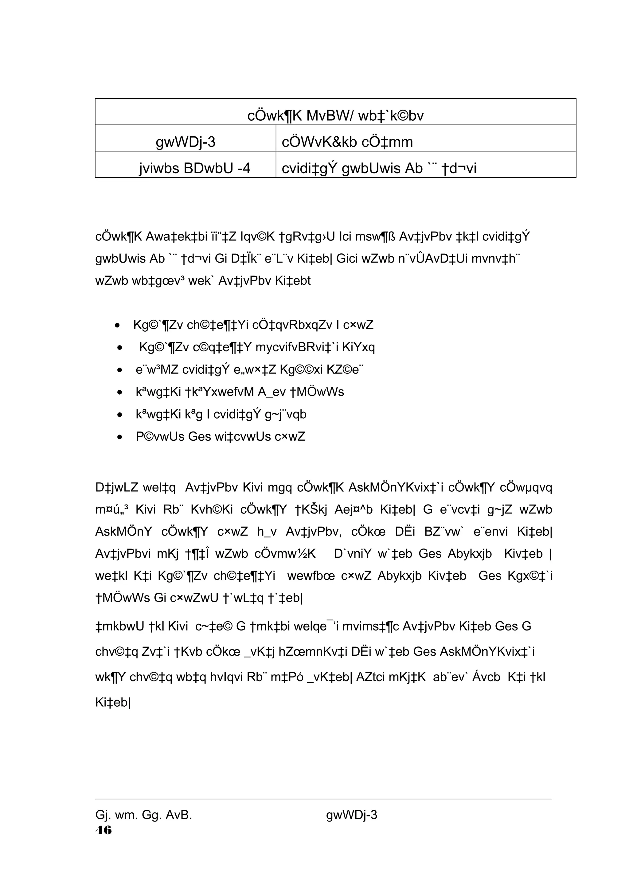 cÖwk¶K MvBW/ wb‡`k©bv 
gwWDj-3 cÖWvK&kb cÖ‡mm 
jviwbs BDwbU -4 cvidi‡gÝ gwbUwis Ab `¨ †d¬vi 
cÖwk¶K Awa‡ek‡bi ïi“‡Z Iqv©K †gRv‡g›U Ici msw¶ß Av‡jvPbv ‡k‡l cvidi‡gÝ 
gwbUwis Ab `¨ †d¬vi Gi D‡Ïk¨ e¨L¨v Ki‡eb| Gici wZwb n¨vÛAvD‡Ui mvnv‡h¨ 
wZwb wb‡goev³ wek` Av‡jvPbv Ki‡ebt 
· Kg©`¶Zv ch©‡e¶‡Yi cÖ‡qvRbxqZv I c×wZ 
· Kg©`¶Zv c©q‡e¶‡Y mycvifvBRvi‡`i KiYxq 
· e¨w³MZ cvidi‡gÝ e„w×‡Z Kg©©xi KZ©e¨ 
· kªwg‡Ki †kªYxwefvM A_ev †MÖwWs 
· kªwg‡Ki kªg I cvidi‡gÝ g~j¨vqb 
· P©vwUs Ges wi‡cvwUs c×wZ 
D‡jwLZ wel‡q Av‡jvPbv Kivi mgq cÖwk¶K AskMÖnYKvix‡`i cÖwk¶Y cÖwμqvq 
m¤ú„³ Kivi Rb¨ Kvh©Ki cÖwk¶Y †KŠkj Aej¤^b Ki‡eb| G e¨vcv‡i g~jZ wZwb 
AskMÖnY cÖwk¶Y c×wZ h_v Av‡jvPbv, cÖkoe DËi BZ¨vw` e¨envi Ki‡eb| 
Av‡jvPbvi mKj †¶‡Î wZwb cÖvmw½K D`vniY w`‡eb Ges Abykxjb Kiv‡eb | 
we‡kl K‡i Kg©`¶Zv ch©‡e¶‡Yi wewfboe c×wZ Abykxjb Kiv‡eb Ges Kgx©‡`i 
†MÖwWs Gi c×wZwU †`wL‡q †`‡eb| 
‡mkbwU †kl Kivi c~‡e© G †mk‡bi welqe¯‘i mvims‡¶c Av‡jvPbv Ki‡eb Ges G 
chv©‡q Zv‡`i †Kvb cÖkoe _vK‡j hZoemnKv‡i DËi w`‡eb Ges AskMÖnYKvix‡`i 
wk¶Y chv©‡q wb‡q hvIqvi Rb¨ m‡Pó _vK‡eb| AZtci mKj‡K ab¨ev` Ávcb K‡i †kl 
Ki‡eb| 
Gj. wm. Gg. AvB. gwWDj-3 
46 
 