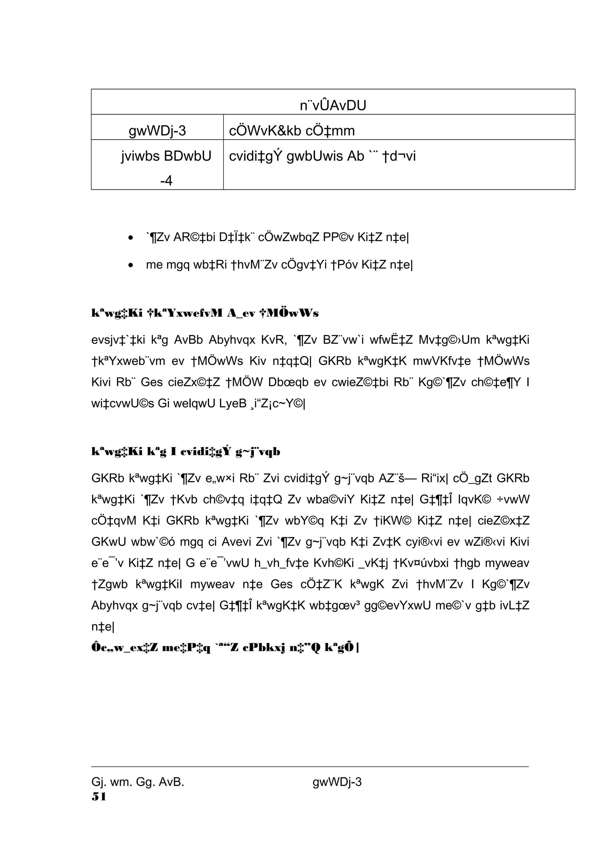 n¨vÛAvDU 
gwWDj-3 cÖWvK&kb cÖ‡mm 
jviwbs BDwbU 
-4 
cvidi‡gÝ gwbUwis Ab `¨ †d¬vi 
· `¶Zv AR©‡bi D‡Ï‡k¨ cÖwZwbqZ PP©v Ki‡Z n‡e| 
· me mgq wb‡Ri †hvM¨Zv cÖgv‡Yi †Póv Ki‡Z n‡e| 
kªwg‡Ki †kªYxwefvM A_ev †MÖwWs 
evsjv‡`‡ki kªg AvBb Abyhvqx KvR, `¶Zv BZ¨vw`i wfwË‡Z Mv‡g©›Um kªwg‡Ki 
†kªYxweb¨vm ev †MÖwWs Kiv n‡q‡Q| GKRb kªwgK‡K mwVKfv‡e †MÖwWs 
Kivi Rb¨ Ges cieZx©‡Z †MÖW Dboeqb ev cwieZ©‡bi Rb¨ Kg©`¶Zv ch©‡e¶Y I 
wi‡cvwU©s Gi welqwU LyeB ¸i“Z¡c~Y©| 
kªwg‡Ki kªg I cvidi‡gÝ g~j¨vqb 
GKRb kªwg‡Ki `¶Zv e„w×i Rb¨ Zvi cvidi‡gÝ g~j¨vqb AZ¨š— Ri“ix| cÖ_gZt GKRb 
kªwg‡Ki `¶Zv †Kvb ch©v‡q i‡q‡Q Zv wba©viY Ki‡Z n‡e| G‡¶‡Î IqvK© ÷vwW 
cÖ‡qvM K‡i GKRb kªwg‡Ki `¶Zv wbY©q K‡i Zv †iKW© Ki‡Z n‡e| cieZ©x‡Z 
GKwU wbw`©ó mgq ci Avevi Zvi `¶Zv g~j¨vqb K‡i Zv‡K cyi®‹vi ev wZi®‹vi Kivi 
e¨e¯’v Ki‡Z n‡e| G e¨e¯’vwU h_vh_fv‡e Kvh©Ki _vK‡j †Kv¤úvbxi †hgb myweav 
†Zgwb kªwg‡KiI myweav n‡e Ges cÖ‡Z¨K kªwgK Zvi †hvM¨Zv I Kg©`¶Zv 
Abyhvqx g~j¨vqb cv‡e| G‡¶‡Î kªwgK‡K wb‡goev³ gg©evYxwU me©`v g‡b ivL‡Z 
n‡e| 
Ôc„w_ex‡Z me‡P‡q `ª“Z cPbkxj n‡”Q kªgÕ| 
Gj. wm. Gg. AvB. gwWDj-3 
51 
 