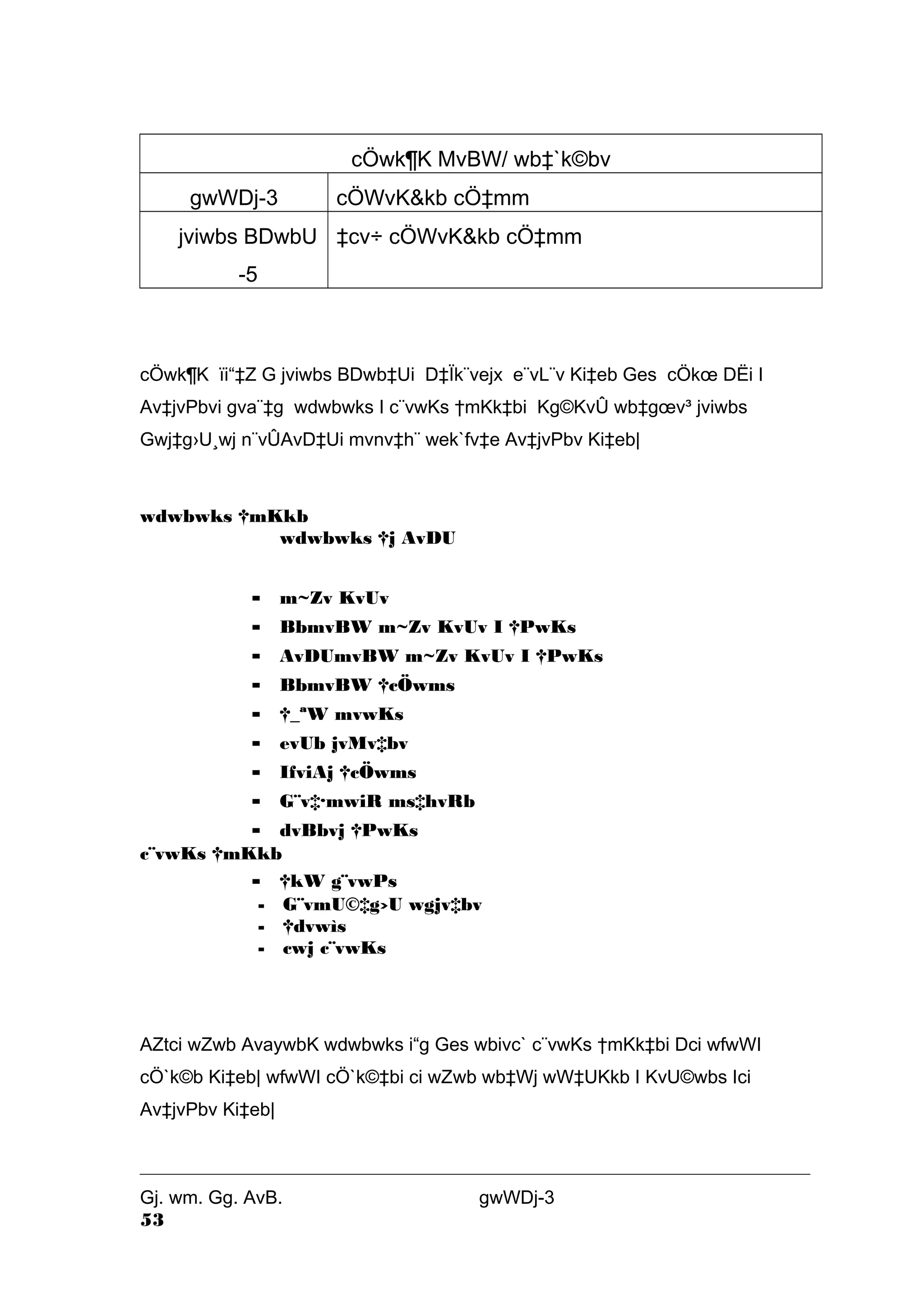 cÖwk¶K MvBW/ wb‡`k©bv 
gwWDj-3 cÖWvK&kb cÖ‡mm 
jviwbs BDwbU 
-5 
‡cv÷ cÖWvK&kb cÖ‡mm 
cÖwk¶K ïi“‡Z G jviwbs BDwb‡Ui D‡Ïk¨vejx e¨vL¨v Ki‡eb Ges cÖkoe DËi I 
Av‡jvPbvi gva¨‡g wdwbwks I c¨vwKs †mKk‡bi Kg©KvÛ wb‡goev³ jviwbs 
Gwj‡g›U¸wj n¨vÛAvD‡Ui mvnv‡h¨ wek`fv‡e Av‡jvPbv Ki‡eb| 
wdwbwks †mKkb 
wdwbwks †j AvDU 
- m~Zv KvUv 
- BbmvBW m~Zv KvUv I †PwKs 
- AvDUmvBW m~Zv KvUv I †PwKs 
- BbmvBW †cÖwms 
- †_ªW mvwKs 
- evUb jvMv‡bv 
- IfviAj †cÖwms 
- G¨v‡·mwiR ms‡hvRb 
- dvBbvj †PwKs 
c¨vwKs †mKkb 
- †kW g¨vwPs 
- G¨vmU©‡g›U wgjv‡bv 
- †dvwìs 
- cwj c¨vwKs 
AZtci wZwb AvaywbK wdwbwks i“g Ges wbivc` c¨vwKs †mKk‡bi Dci wfwWI 
cÖ`k©b Ki‡eb| wfwWI cÖ`k©‡bi ci wZwb wb‡Wj wW‡UKkb I KvU©wbs Ici 
Av‡jvPbv Ki‡eb| 
Gj. wm. Gg. AvB. gwWDj-3 
53 
 