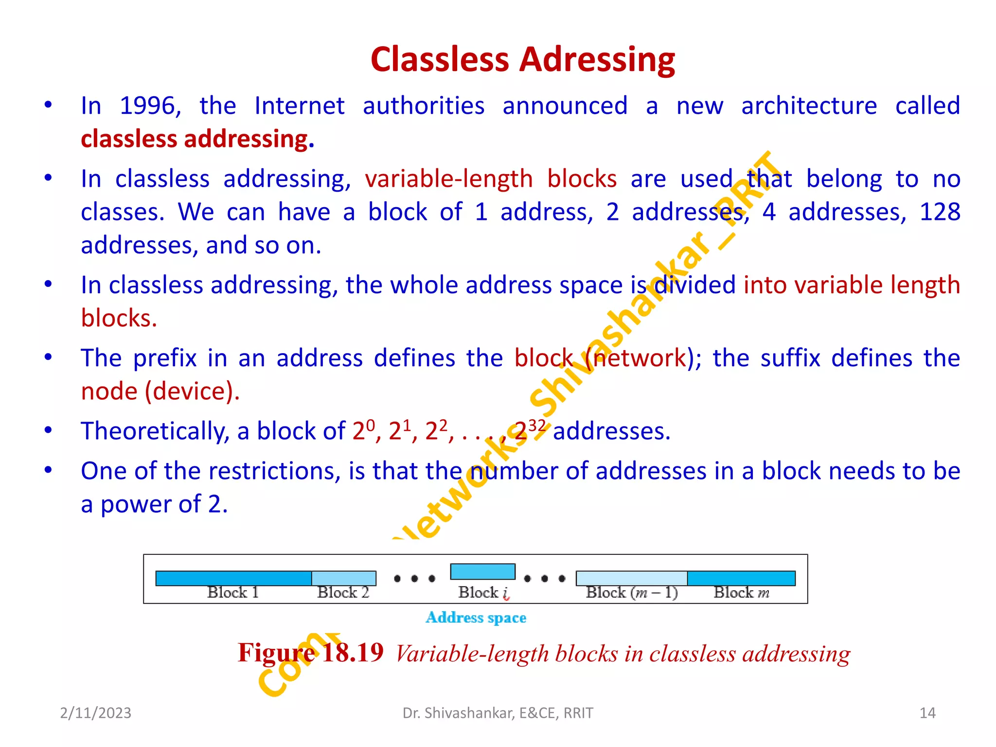 Classless Adressing
• In 1996, the Internet authorities announced a new architecture called
classless addressing.
• In classless addressing, variable-length blocks are used that belong to no
classes. We can have a block of 1 address, 2 addresses, 4 addresses, 128
addresses, and so on.
• In classless addressing, the whole address space is divided into variable length
blocks.
• The prefix in an address defines the block (network); the suffix defines the
node (device).
• Theoretically, a block of 20, 21, 22, . . . , 232 addresses.
• One of the restrictions, is that the number of addresses in a block needs to be
a power of 2.
2/11/2023 14
Dr. Shivashankar, E&CE, RRIT
Figure 18.19 Variable-length blocks in classless addressing
 
