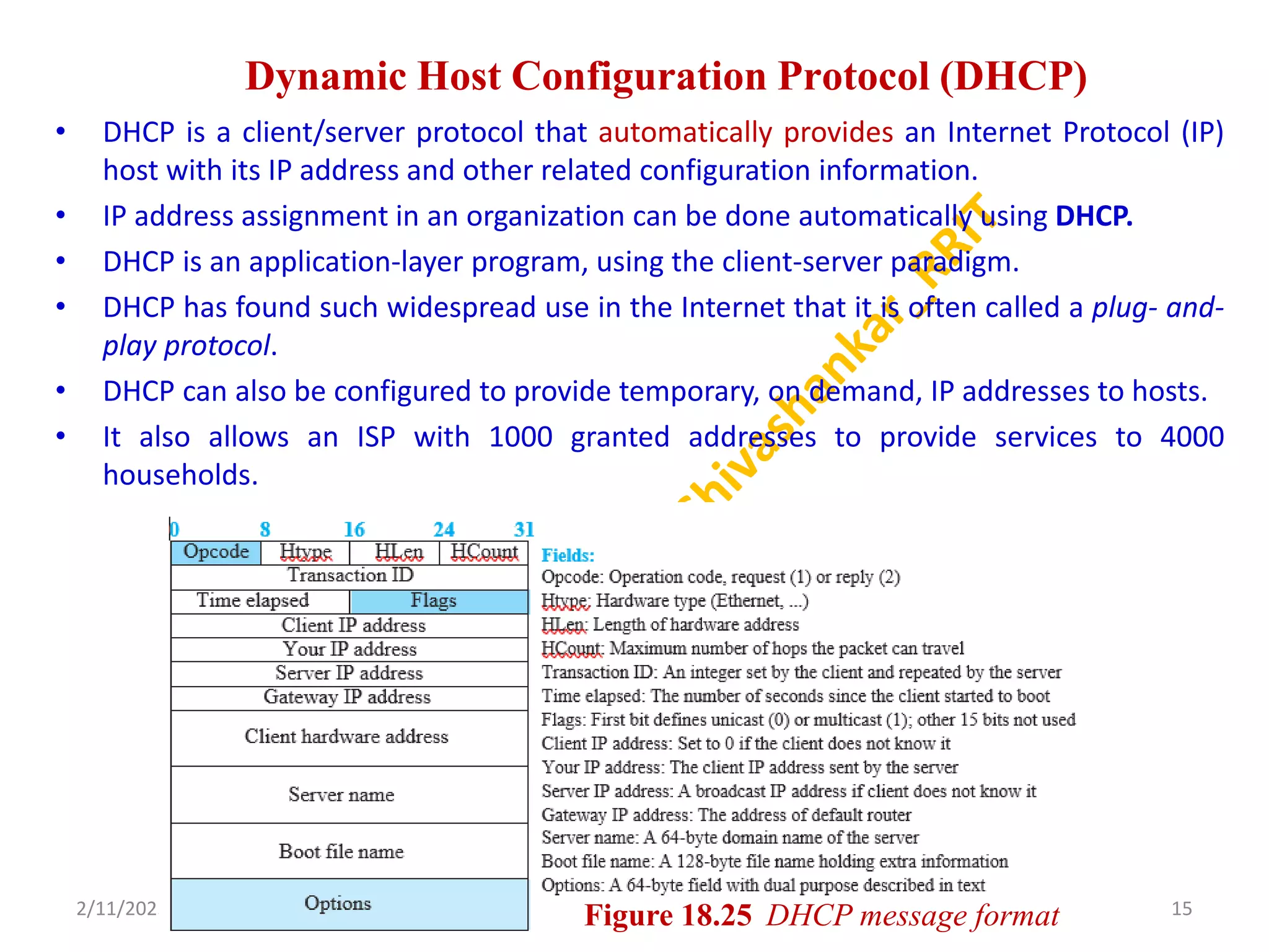 Dynamic Host Configuration Protocol (DHCP)
• DHCP is a client/server protocol that automatically provides an Internet Protocol (IP)
host with its IP address and other related configuration information.
• IP address assignment in an organization can be done automatically using DHCP.
• DHCP is an application-layer program, using the client-server paradigm.
• DHCP has found such widespread use in the Internet that it is often called a plug- and-
play protocol.
• DHCP can also be configured to provide temporary, on demand, IP addresses to hosts.
• It also allows an ISP with 1000 granted addresses to provide services to 4000
households.
2/11/2023 15
Dr. Shivashankar, E&CE, RRIT
Figure 18.25 DHCP message format
 