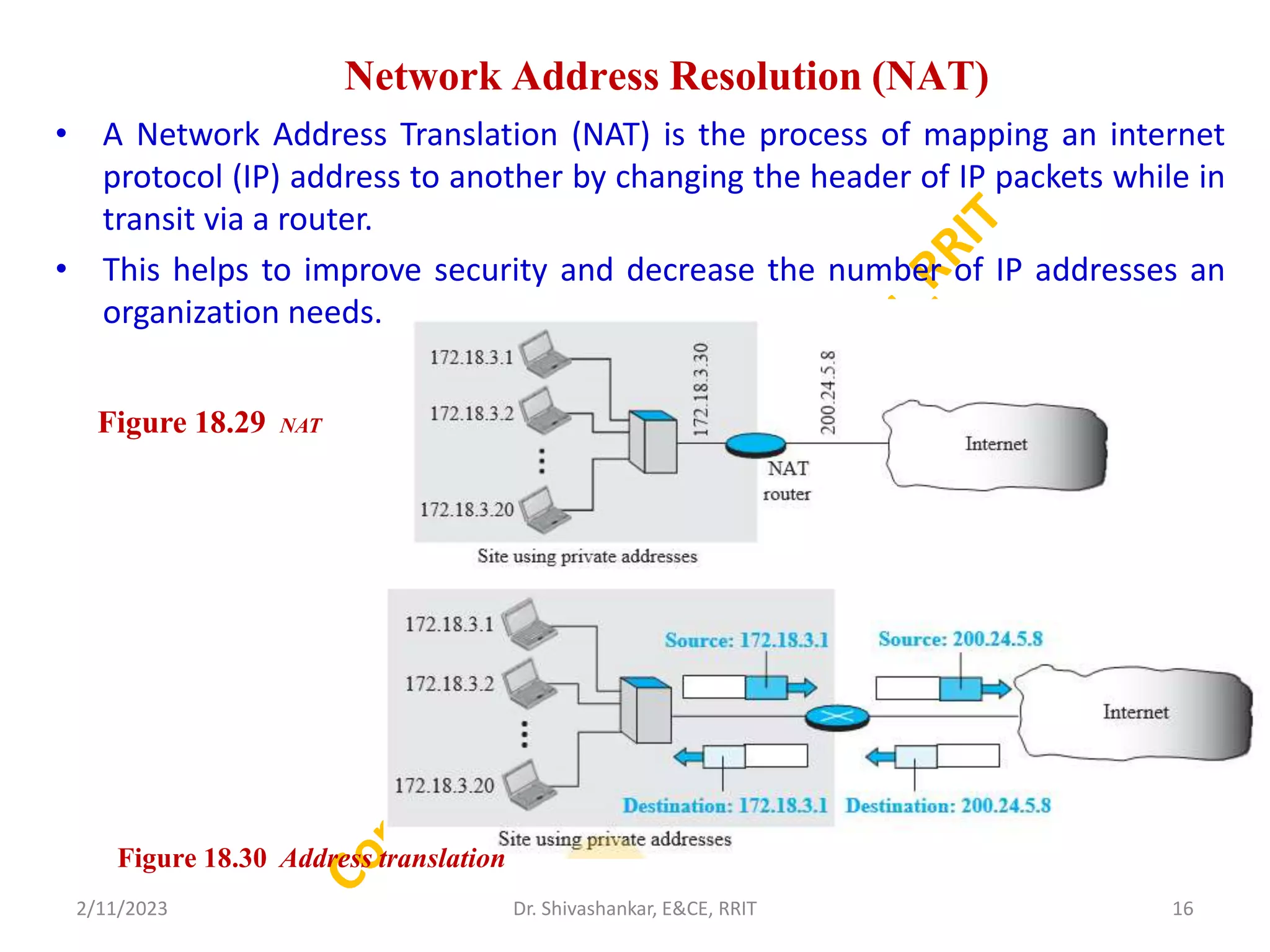 Network Address Resolution (NAT)
• A Network Address Translation (NAT) is the process of mapping an internet
protocol (IP) address to another by changing the header of IP packets while in
transit via a router.
• This helps to improve security and decrease the number of IP addresses an
organization needs.
2/11/2023 16
Dr. Shivashankar, E&CE, RRIT
Figure 18.29 NAT
Figure 18.30 Address translation
 