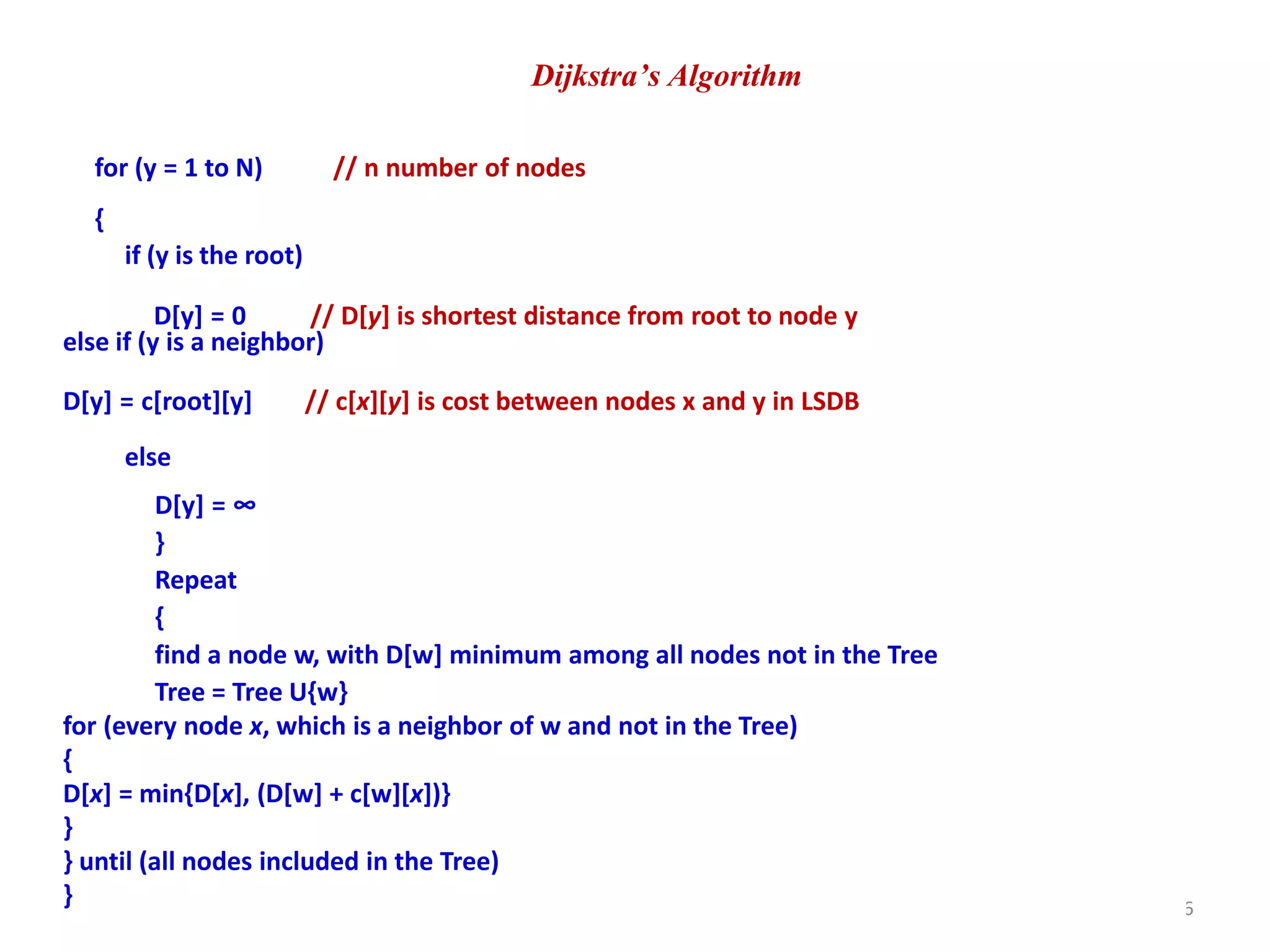 Dijkstra’s Algorithm
2/11/2023 36
Dr. Shivashankar, E&CE, RRIT
for (y = 1 to N) // n number of nodes
{
if (y is the root)
D[y] = 0 // D[y] is shortest distance from root to node y
else if (y is a neighbor)
D[y] = c[root][y] // c[x][y] is cost between nodes x and y in LSDB
else
D[y] = ∞
}
Repeat
{
find a node w, with D[w] minimum among all nodes not in the Tree
Tree = Tree U{w}
for (every node x, which is a neighbor of w and not in the Tree)
{
D[x] = min{D[x], (D[w] + c[w][x])}
}
} until (all nodes included in the Tree)
}
 