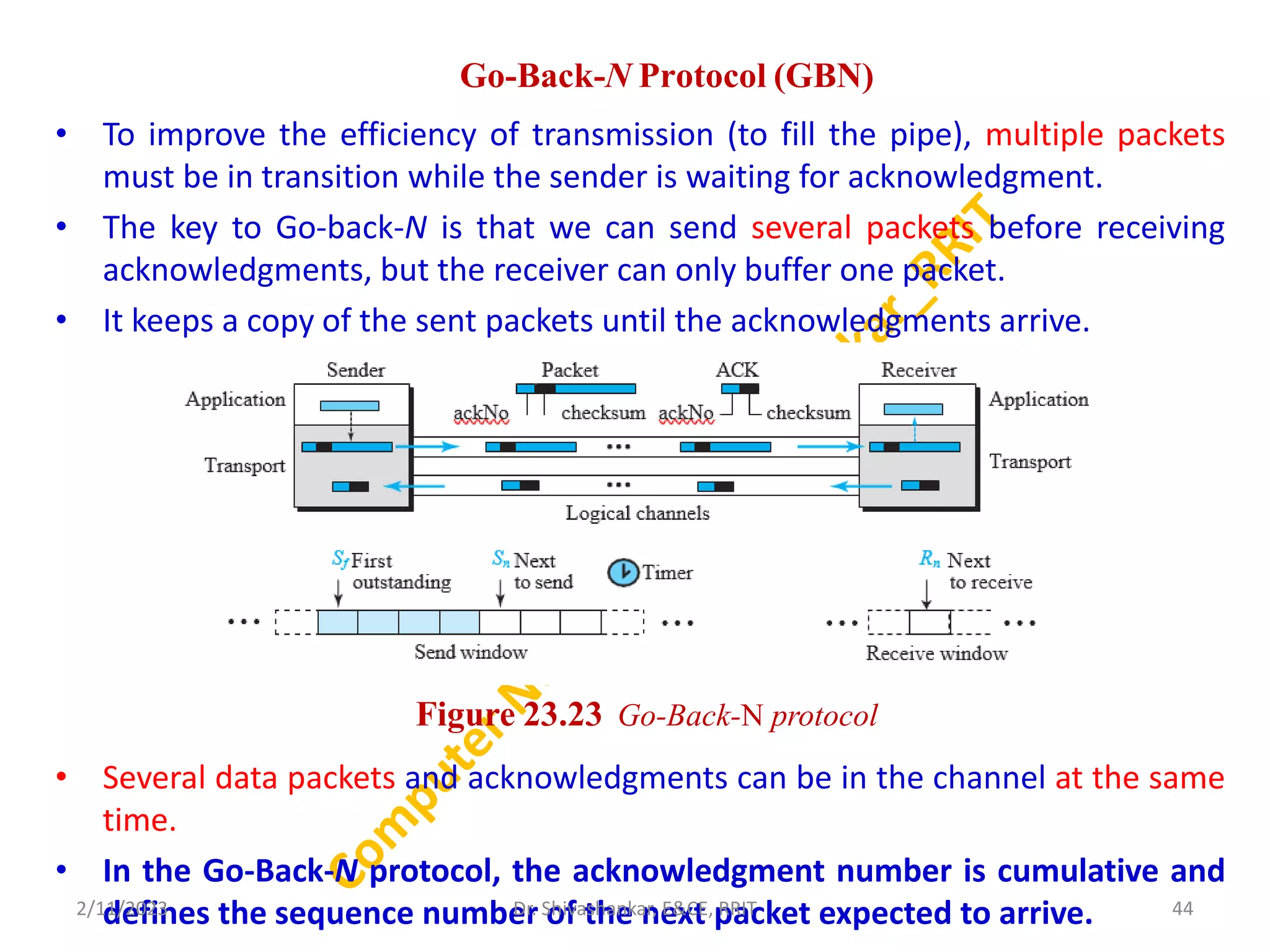Go-Back-N Protocol (GBN)
• To improve the efficiency of transmission (to fill the pipe), multiple packets
must be in transition while the sender is waiting for acknowledgment.
• The key to Go-back-N is that we can send several packets before receiving
acknowledgments, but the receiver can only buffer one packet.
• It keeps a copy of the sent packets until the acknowledgments arrive.
• Several data packets and acknowledgments can be in the channel at the same
time.
• In the Go-Back-N protocol, the acknowledgment number is cumulative and
defines the sequence number of the next packet expected to arrive.
2/11/2023 44
Dr. Shivashankar, E&CE, RRIT
Figure 23.23 Go-Back-N protocol
 