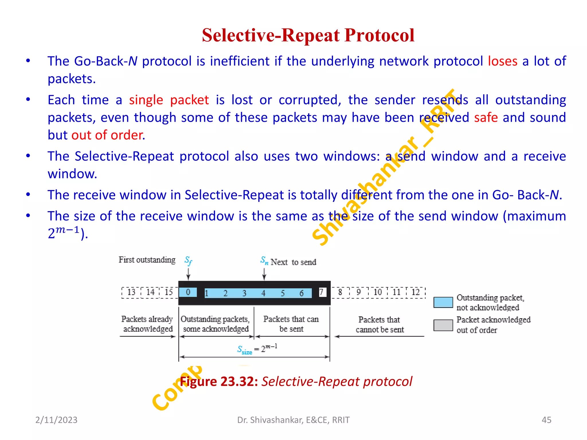 Selective-Repeat Protocol
• The Go-Back-N protocol is inefficient if the underlying network protocol loses a lot of
packets.
• Each time a single packet is lost or corrupted, the sender resends all outstanding
packets, even though some of these packets may have been received safe and sound
but out of order.
• The Selective-Repeat protocol also uses two windows: a send window and a receive
window.
• The receive window in Selective-Repeat is totally different from the one in Go- Back-N.
• The size of the receive window is the same as the size of the send window (maximum
2𝑚−1
).
Figure 23.32: Selective-Repeat protocol
2/11/2023 45
Dr. Shivashankar, E&CE, RRIT
 