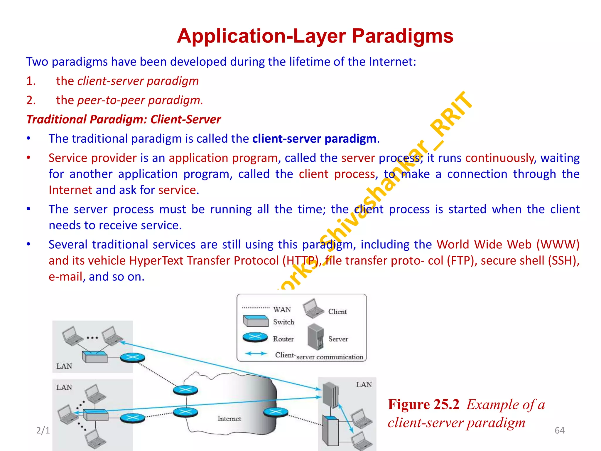Application-Layer Paradigms
Two paradigms have been developed during the lifetime of the Internet:
1. the client-server paradigm
2. the peer-to-peer paradigm.
Traditional Paradigm: Client-Server
• The traditional paradigm is called the client-server paradigm.
• Service provider is an application program, called the server process; it runs continuously, waiting
for another application program, called the client process, to make a connection through the
Internet and ask for service.
• The server process must be running all the time; the client process is started when the client
needs to receive service.
• Several traditional services are still using this paradigm, including the World Wide Web (WWW)
and its vehicle HyperText Transfer Protocol (HTTP), file transfer proto- col (FTP), secure shell (SSH),
e-mail, and so on.
2/11/2023 64
Dr. Shivashankar, E&CE, RRIT
Figure 25.2 Example of a
client-server paradigm
 