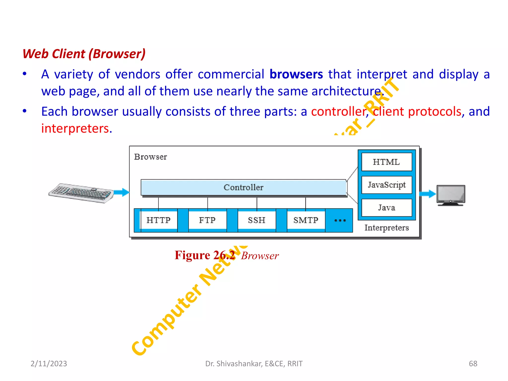 Web Client (Browser)
• A variety of vendors offer commercial browsers that interpret and display a
web page, and all of them use nearly the same architecture.
• Each browser usually consists of three parts: a controller, client protocols, and
interpreters.
2/11/2023 68
Dr. Shivashankar, E&CE, RRIT
Figure 26.2 Browser
 
