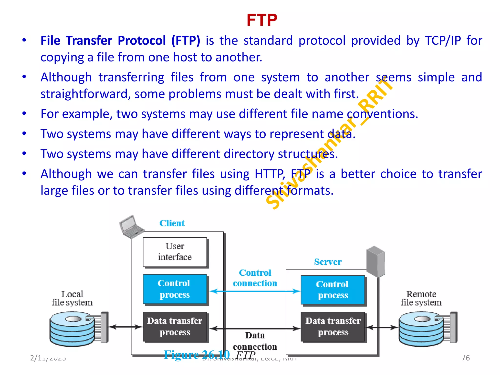 FTP
• File Transfer Protocol (FTP) is the standard protocol provided by TCP/IP for
copying a file from one host to another.
• Although transferring files from one system to another seems simple and
straightforward, some problems must be dealt with first.
• For example, two systems may use different file name conventions.
• Two systems may have different ways to represent data.
• Two systems may have different directory structures.
• Although we can transfer files using HTTP, FTP is a better choice to transfer
large files or to transfer files using different formats.
2/11/2023 76
Dr. Shivashankar, E&CE, RRIT
Figure 26.10 FTP
 