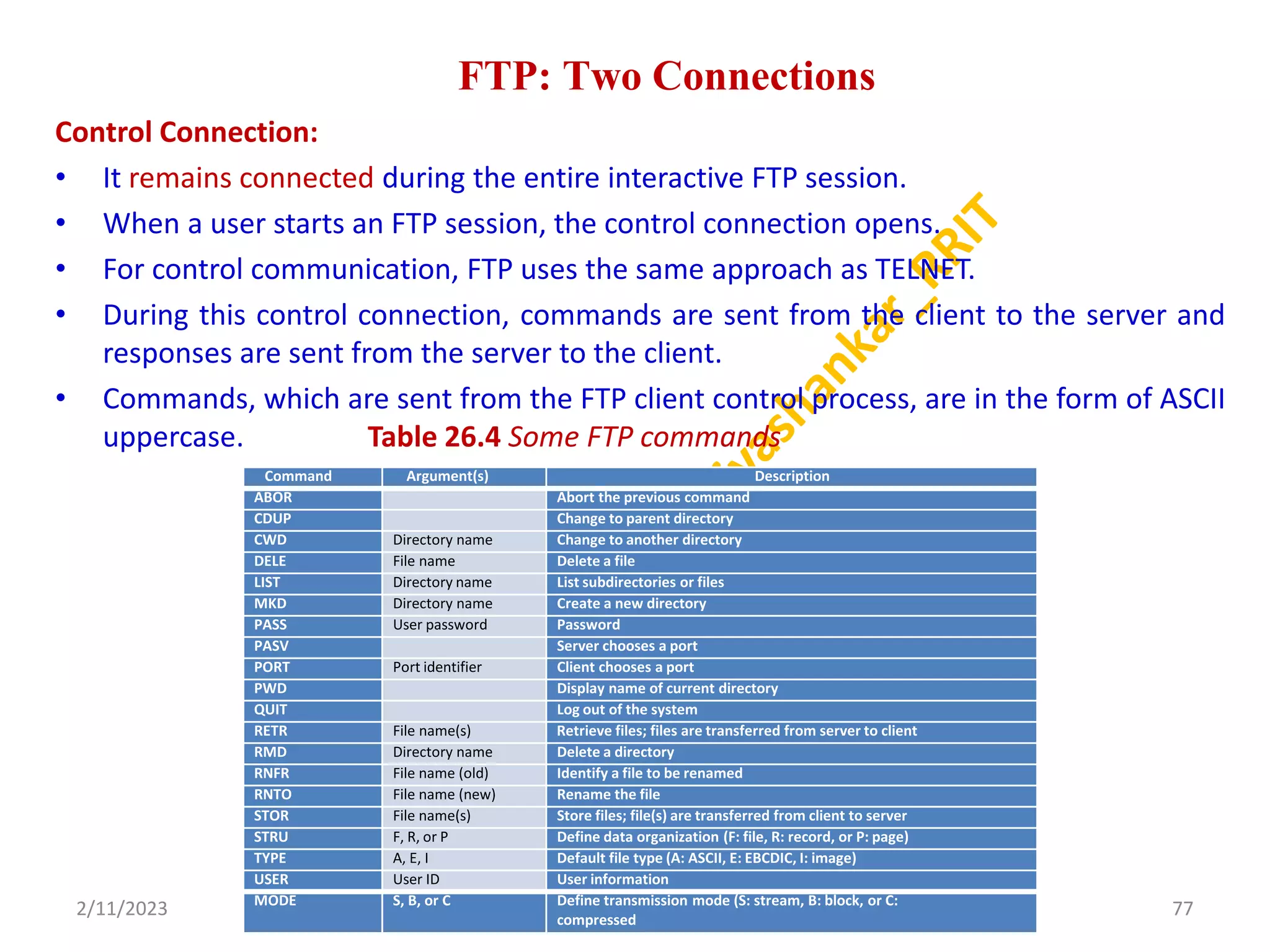 FTP: Two Connections
Control Connection:
• It remains connected during the entire interactive FTP session.
• When a user starts an FTP session, the control connection opens.
• For control communication, FTP uses the same approach as TELNET.
• During this control connection, commands are sent from the client to the server and
responses are sent from the server to the client.
• Commands, which are sent from the FTP client control process, are in the form of ASCII
uppercase. Table 26.4 Some FTP commands
2/11/2023 77
Dr. Shivashankar, E&CE, RRIT
Command Argument(s) Description
ABOR Abort the previous command
CDUP Change to parent directory
CWD Directory name Change to another directory
DELE File name Delete a file
LIST Directory name List subdirectories or files
MKD Directory name Create a new directory
PASS User password Password
PASV Server chooses a port
PORT Port identifier Client chooses a port
PWD Display name of current directory
QUIT Log out of the system
RETR File name(s) Retrieve files; files are transferred from server to client
RMD Directory name Delete a directory
RNFR File name (old) Identify a file to be renamed
RNTO File name (new) Rename the file
STOR File name(s) Store files; file(s) are transferred from client to server
STRU F, R, or P Define data organization (F: file, R: record, or P: page)
TYPE A, E, I Default file type (A: ASCII, E: EBCDIC, I: image)
USER User ID User information
MODE S, B, or C Define transmission mode (S: stream, B: block, or C:
compressed
 