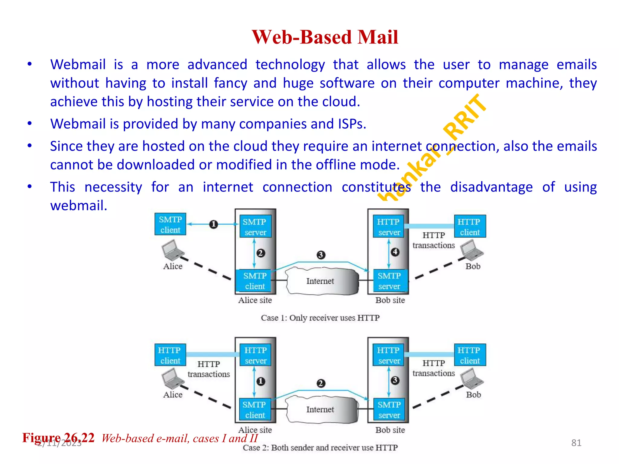 Web-Based Mail
• Webmail is a more advanced technology that allows the user to manage emails
without having to install fancy and huge software on their computer machine, they
achieve this by hosting their service on the cloud.
• Webmail is provided by many companies and ISPs.
• Since they are hosted on the cloud they require an internet connection, also the emails
cannot be downloaded or modified in the offline mode.
• This necessity for an internet connection constitutes the disadvantage of using
webmail.
2/11/2023 81
Dr. Shivashankar, E&CE, RRIT
Figure 26.22 Web-based e-mail, cases I and II
 
