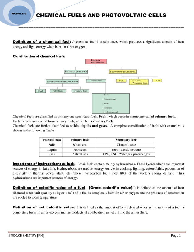 ENGINEERING CHEMISTRY Module 3 [chemical fuels & solar cells] PDF