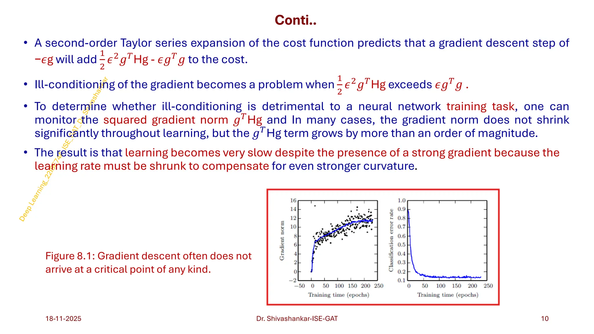 Conti..
• A second-order Taylor series expansion of the cost function predicts that a gradient descent step of
−𝜖g will add
1
2
𝜖2𝑔𝑇Hg - 𝜖𝑔𝑇𝑔 to the cost.
• Ill-conditioning of the gradient becomes a problem when
1
2
𝜖2𝑔𝑇Hg exceeds 𝜖𝑔𝑇𝑔 .
• To determine whether ill-conditioning is detrimental to a neural network training task, one can
monitor the squared gradient norm 𝑔𝑇Hg and In many cases, the gradient norm does not shrink
significantly throughout learning, but the 𝑔𝑇Hg term grows by more than an order of magnitude.
• The result is that learning becomes very slow despite the presence of a strong gradient because the
learning rate must be shrunk to compensate for even stronger curvature.
18-11-2025 10
Dr. Shivashankar-ISE-GAT
Figure 8.1: Gradient descent often does not
arrive at a critical point of any kind.
 