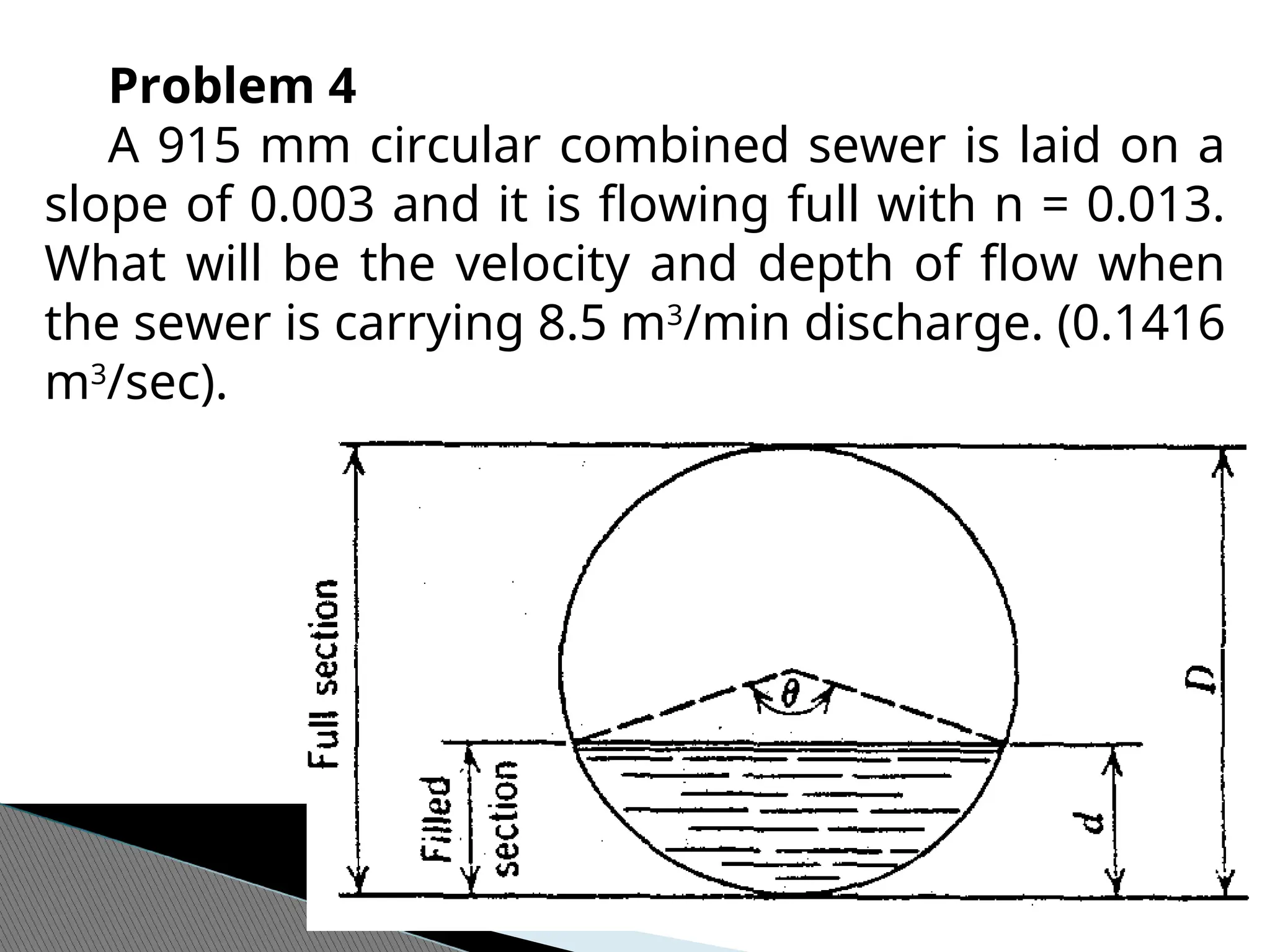 28
Problem 4
A 915 mm circular combined sewer is laid on a
slope of 0.003 and it is flowing full with n = 0.013.
What will be the velocity and depth of flow when
the sewer is carrying 8.5 m3
/min discharge. (0.1416
m3
/sec).
 