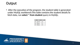 Output
• After the execution of the program, the student table is generated
under MySQL workbench.This table contains the student details.To
fetch data, run select * from student query in MySQL.
122
 