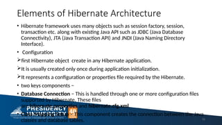 Elements of Hibernate Architecture
• Hibernate framework uses many objects such as session factory, session,
transaction etc. along with existing Java API such as JDBC (Java Database
Connectivity), JTA (Java Transaction API) and JNDI (Java Naming Directory
Interface).
• Configuration
first Hibernate object create in any Hibernate application.
It is usually created only once during application initialization.
It represents a configuration or properties file required by the Hibernate.
• two keys components −
• Database Connection − This is handled through one or more configuration files
supported by Hibernate. These files
are hibernate.properties and hibernate.cfg.xml.
• Class Mapping Setup − This component creates the connection between the Java
classes and database tables. 15
 