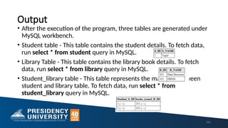 Output
• After the execution of the program, three tables are generated under
MySQL workbench.
• Student table - This table contains the student details. To fetch data,
run select * from student query in MySQL.
• Library Table - This table contains the library book details. To fetch
data, run select * from library query in MySQL.
• Student_library table - This table represents the mapping between
student and library table. To fetch data, run select * from
student_library query in MySQL.
169
 