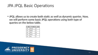JPA JPQL Basic Operations
• JPQL allows us to create both static as well as dynamic queries. Now,
we will perform some basic JPQL operations using both type of
queries on the below table.
186
 