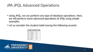 JPA JPQL Advanced Operations
• Using JPQL, we can perform any type of database operations. Here,
we will perform some advanced operations of JPQL using simple
examples.
• Let us consider the student table having the following records.
204
 