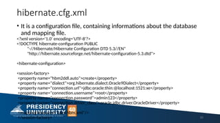 hibernate.cfg.xml
• It is a configuration file, containing informations about the database
and mapping file.
<?xml version='1.0' encoding='UTF-8'?>
<!DOCTYPE hibernate-configuration PUBLIC
"-//Hibernate/Hibernate Configuration DTD 5.3//EN"
"http://hibernate.sourceforge.net/hibernate-configuration-5.3.dtd">
<hibernate-configuration>
<session-factory>
<property name="hbm2ddl.auto">create</property>
<property name="dialect">org.hibernate.dialect.Oracle9Dialect</property>
<property name="connection.url">jdbc:oracle:thin:@localhost:1521:xe</property>
<property name="connection.username">root</property>
<property name="connection.password">admin123</property>
<property name="connection.driver_class">oracle.jdbc.driver.OracleDriver</property>
<mapping resource="user.hbm.xml"/>
</session-factory> 53
 