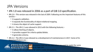 JPA Versions
• JPA 1.0 was released in 2006 as a part of EJB 3.0 specification.
• JPA 2.0 - This version was released in the last of 2009. Following are the important features of this
version: -
• It supports validation.
• It expands the functionality of object-relational mapping.
• It shares the object of cache support.
• JPA 2.1 - The JPA 2.1 was released in 2013 with the following features: -
• It allows fetching of objects.
• It provides support for criteria update/delete.
• It generates schema.
• JPA 2.2 - The JPA 2.2 was released as a development of maintainenece in 2017. Some of its
important feature are: -
• It supports Java 8 Date and Time.
• It provides @Repeatable annotation that can be used when we want to apply the same
annotations to a declaration or type use.
• It allows JPA annotation to be used in meta-annotations. 95
 