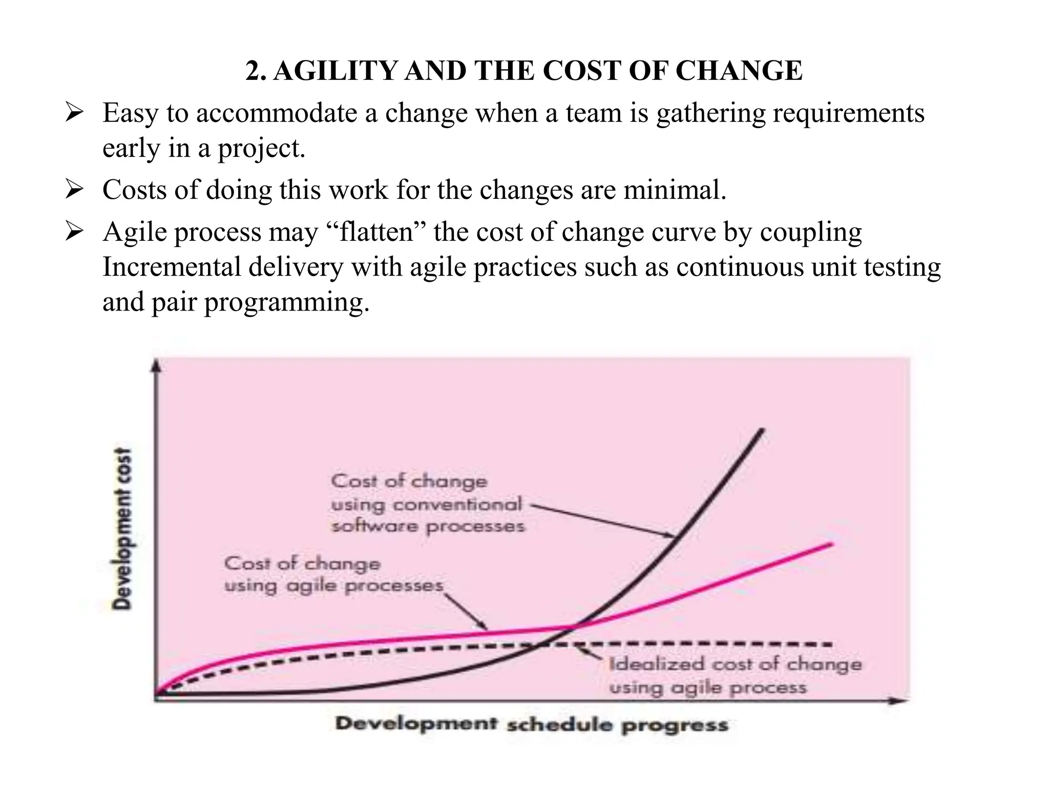 2. AGILITY AND THE COST OF CHANGE
 Easy to accommodate a change when a team is gathering requirements
early in a project.
 Costs of doing this work for the changes are minimal.
 Agile process may “flatten” the cost of change curve by coupling
Incremental delivery with agile practices such as continuous unit testing
and pair programming.
 